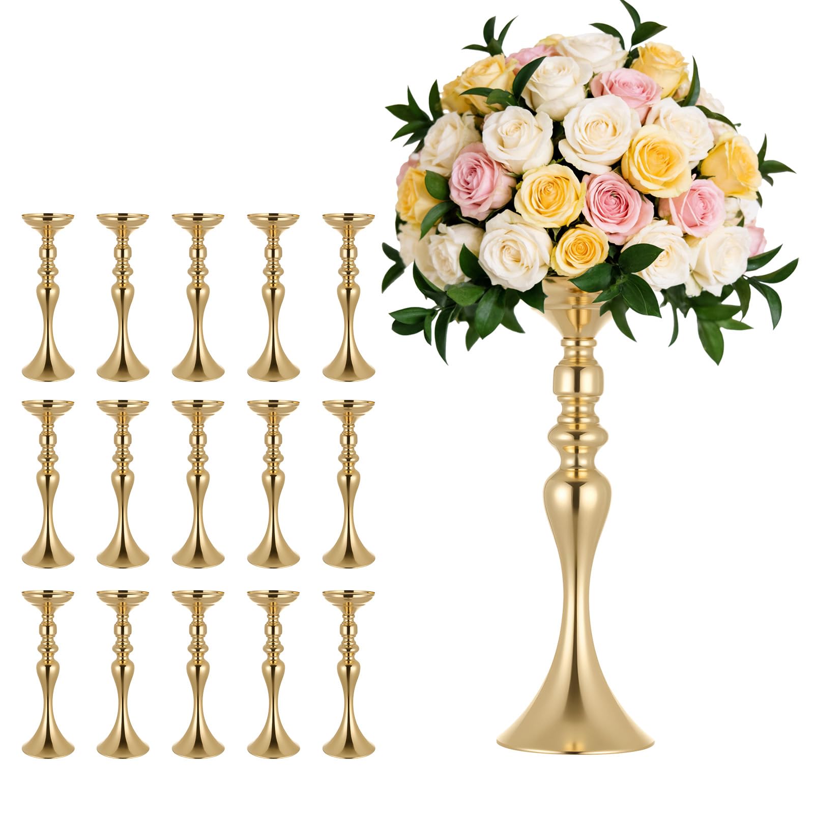VEVOR 16 STK. Hochzeitsvasen Tafelaufsatz Blumenvasen für Hochzeit 38 cm Hoch, Metall Tafelaufsatz Vasen mit Blumenständern, Mittelstück Tischvase für Hochzeiten Party Jubiläumsfeier Zeremonie, Gold
