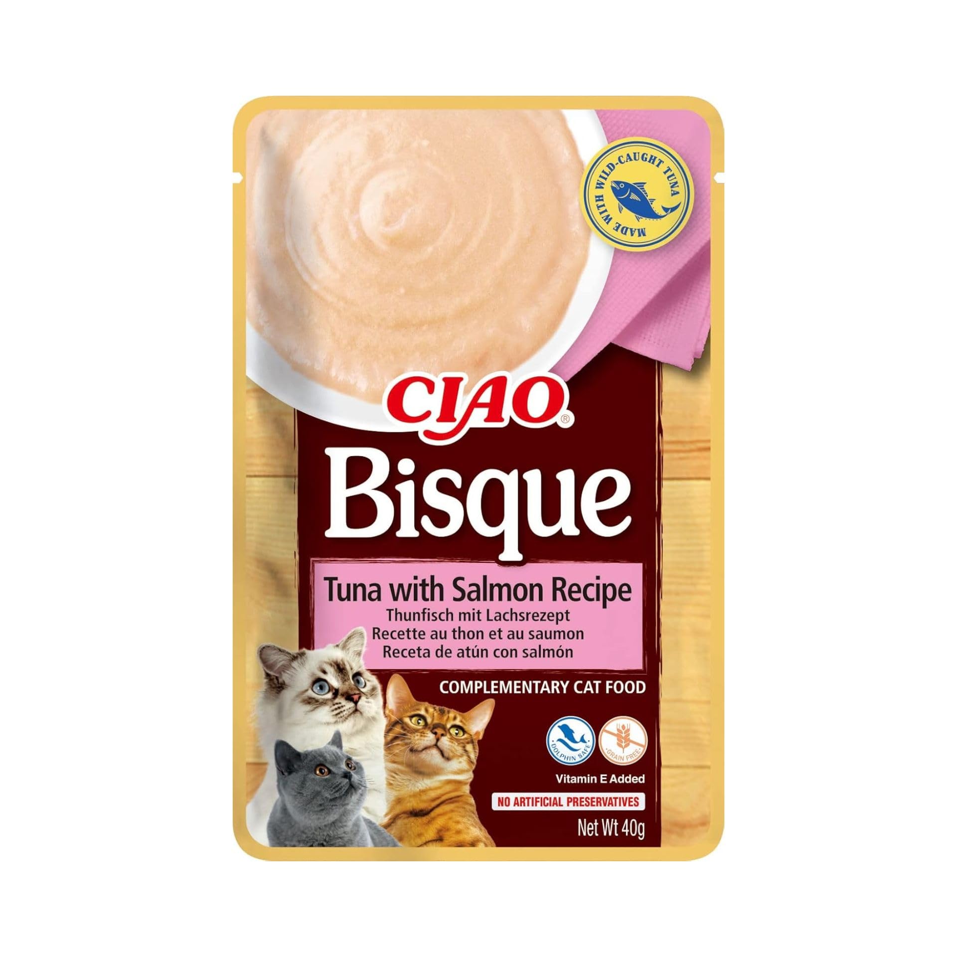 Ciao Bisque by INABA Wet Cat Food - Tuna and Salmon- 1 Pack (40g total) / Moist Treat, Delicious & Healthy Snack, Puree Food Topper, Side Dish, Complement, Natural, Grain Free, Wet Cat Food