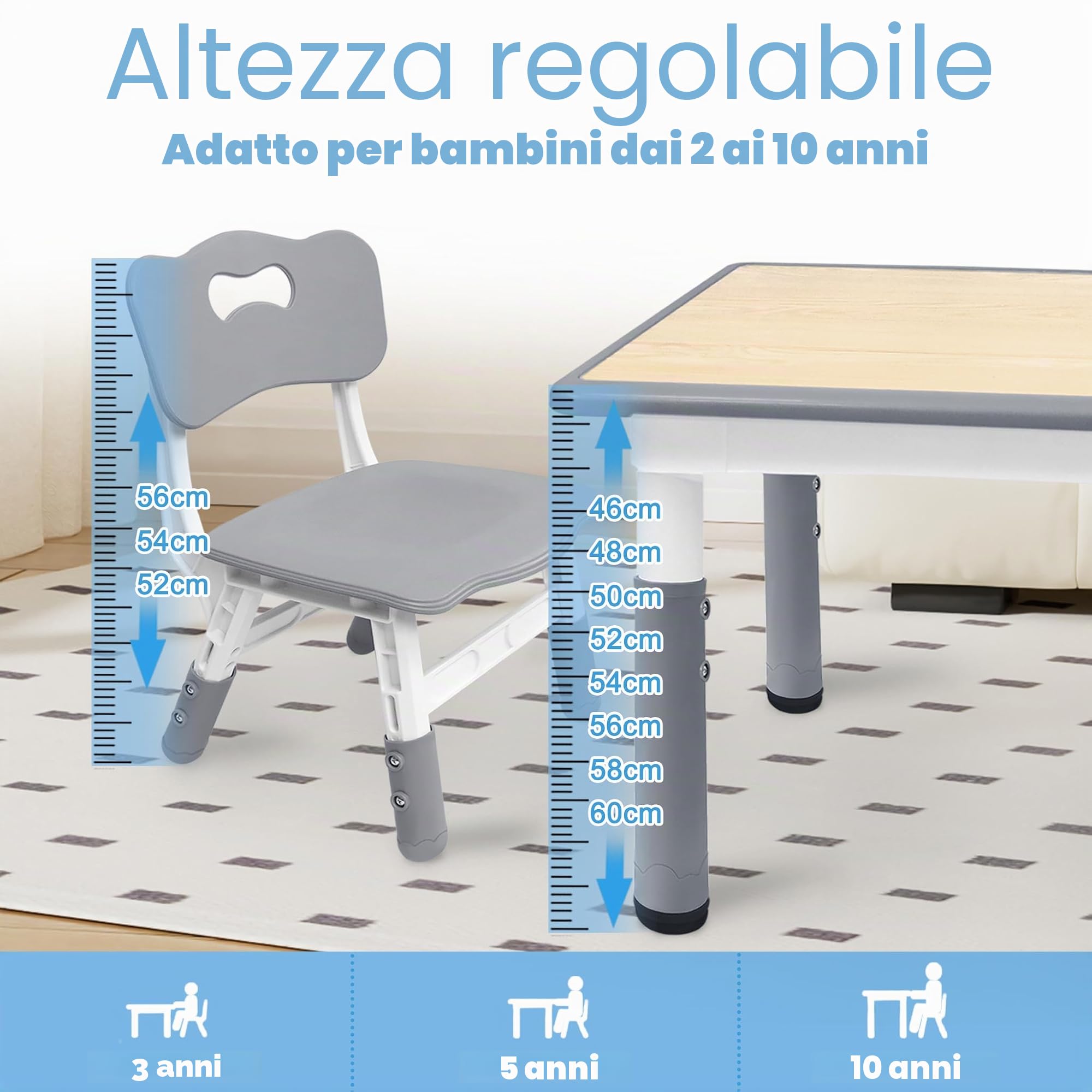 UISEBRT Tavolo per bambini con 4 sedie, regolabile in altezza, per bambini dai 2 anni in su, set da tavolo in plastica, mobili per bambini per l'asilo e la cameretta dei bambini, grigio