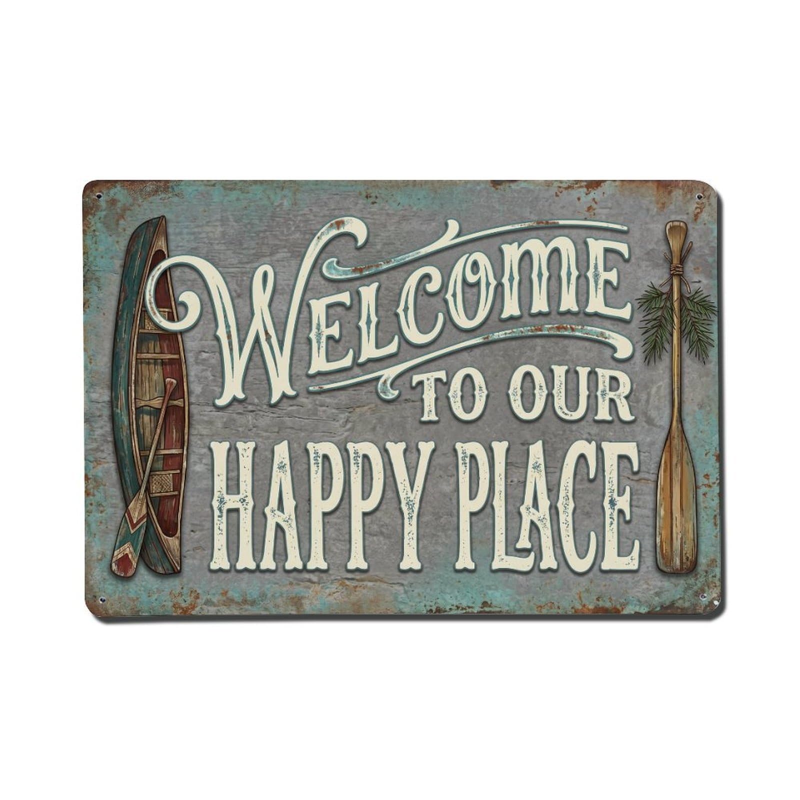 Welcome To Our Happy Place Riverside Deck Vintage Metal Tin Sign Plaque Wall Decor for Cafe, Club, Garden Metal Poster 8x12Inch