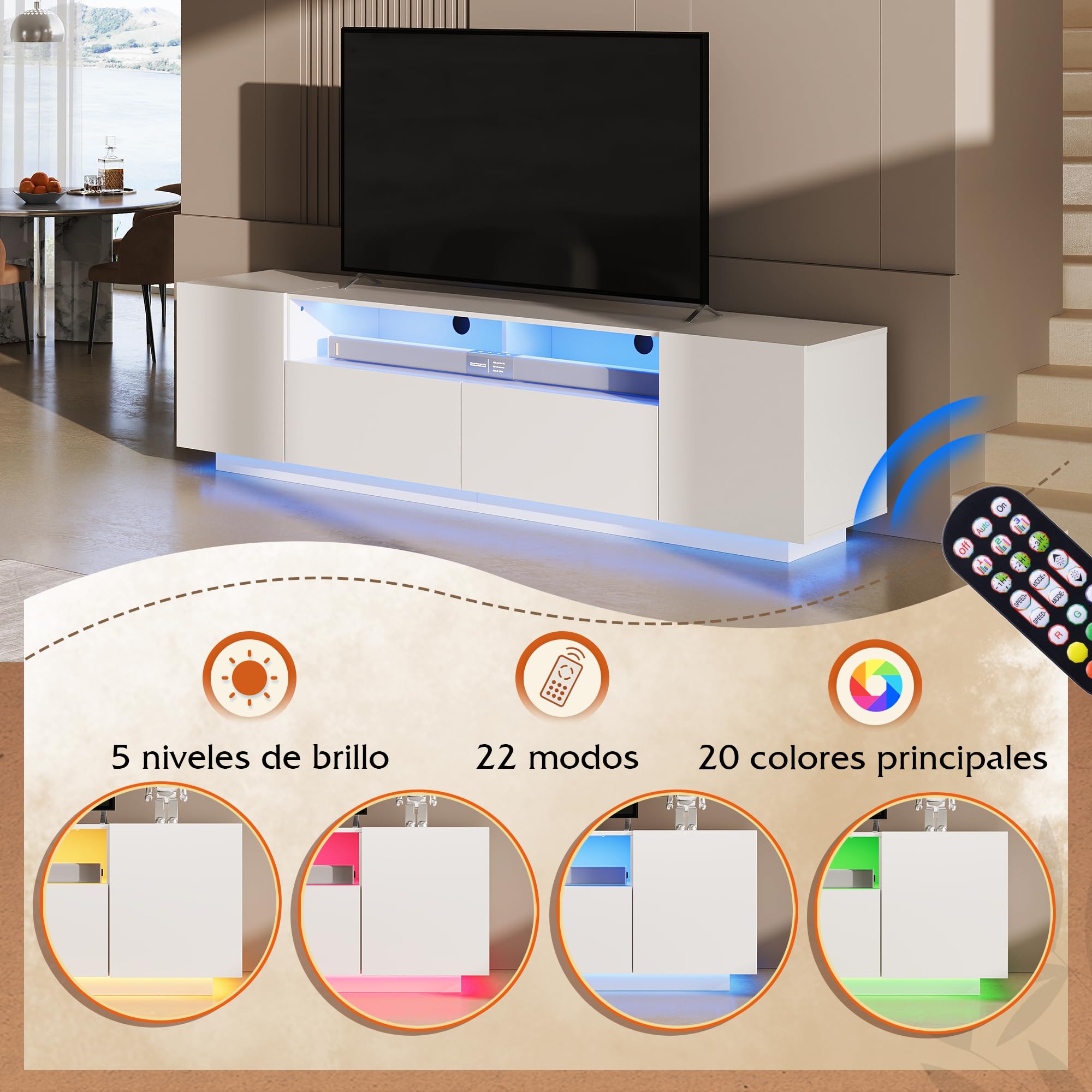 WLIVE Mueble de TV LED para televisores de hasta 75 Pulgadas, con Gran Espacio de Almacenamiento, Mesa de TV con iluminación LED RGB, para Sala de Estar, Dormitorio, Blanco