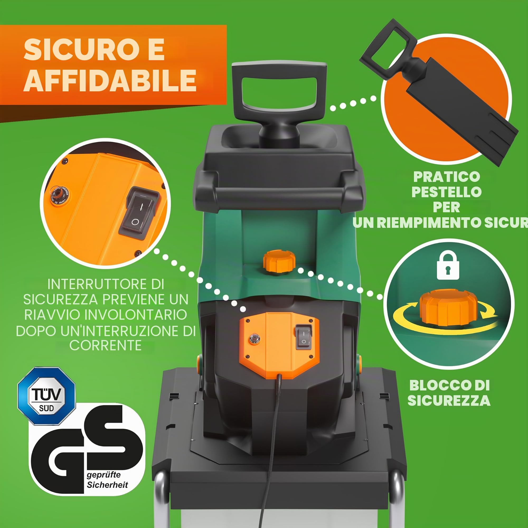 Gardebruk Trituratore da Giardino 3100 W 40 mm Rami Elettrico 50 L Cesta Raccolta Acciaio