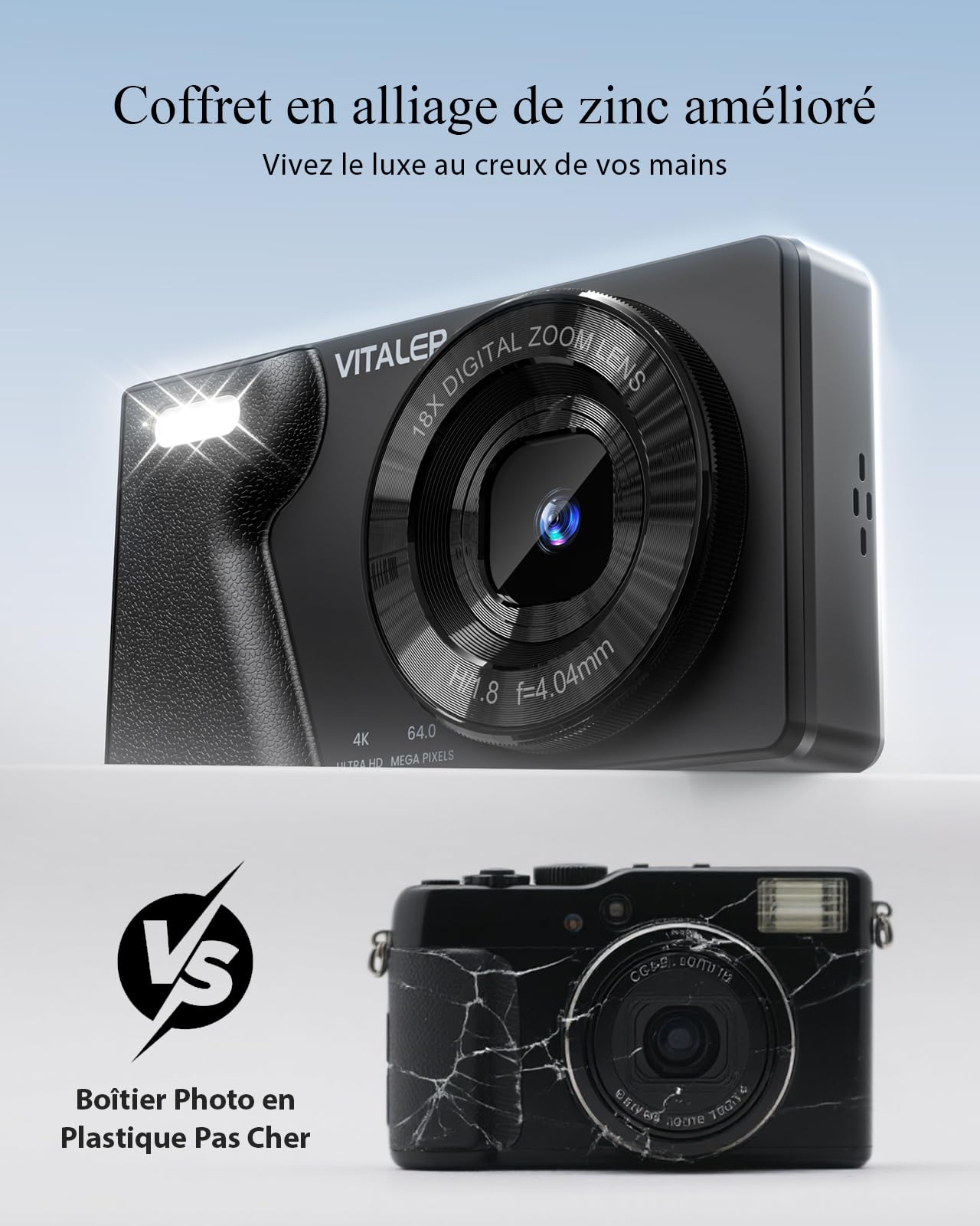 Appareil Photo Numérique 64MP 4K avec Double Objectif, Écran LCD 2,8", Batterie 2000 mAh, Coque en Alliage de Zinc, Zoom Numérique 18X pour Adolescents, Débutants(Noir,Pas DE Carte SD)