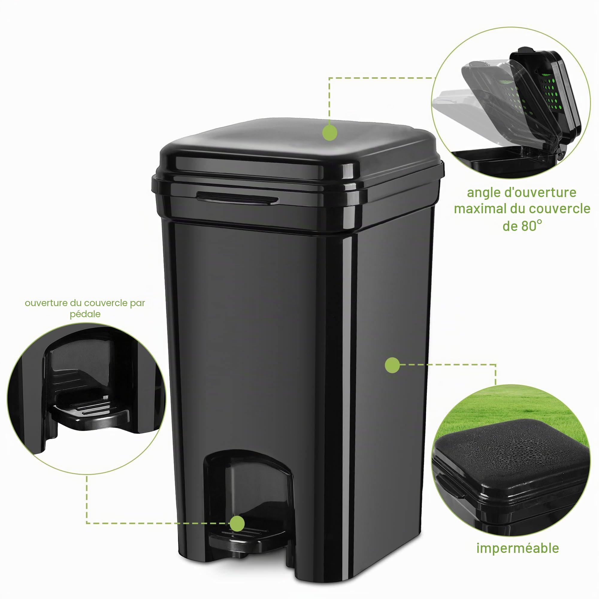 Poubelle à déjections canines et litière portable pour chat, matériau ABS entièrement noir, poubelle de 8 litres avec 20 sacs à déchets. ABS-BK