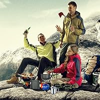 Vista 7 de Odoland - Juego de 8 utensilios de cocina para acampar, juego de ollas y sartenes con mini estufa de mochilero, taza de acero inoxidable, soporte