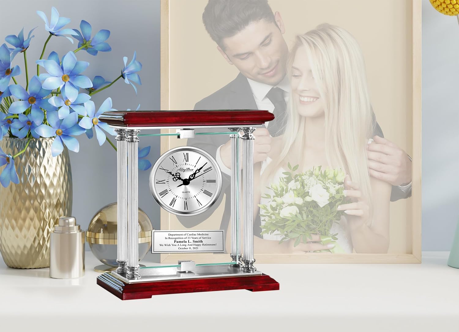 AllGiftFrames Personalize Engraved Clock European Inspired Rosewood Mantle Designer Clock Award Retirement Gift, Wedding Gift Anniversary Present Employee Recognition Service Award Birthday