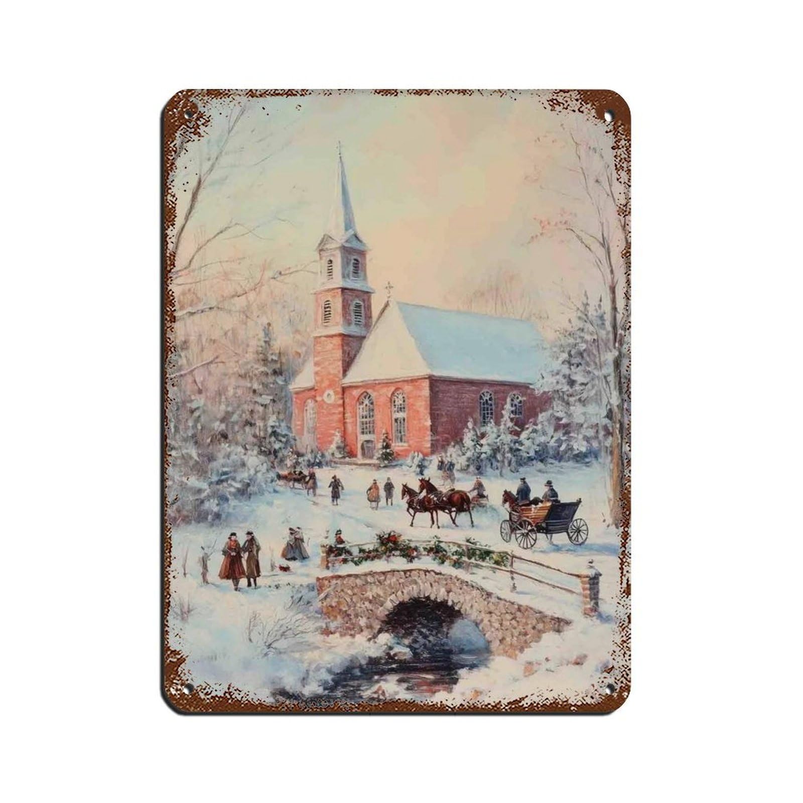 Vintage Church Village, Christmas Decor Tin Sign Vintage Metal Pub Club Cafe Bar Home Wall Art Decoration Poster Retro 12x16inch(30x40cm)