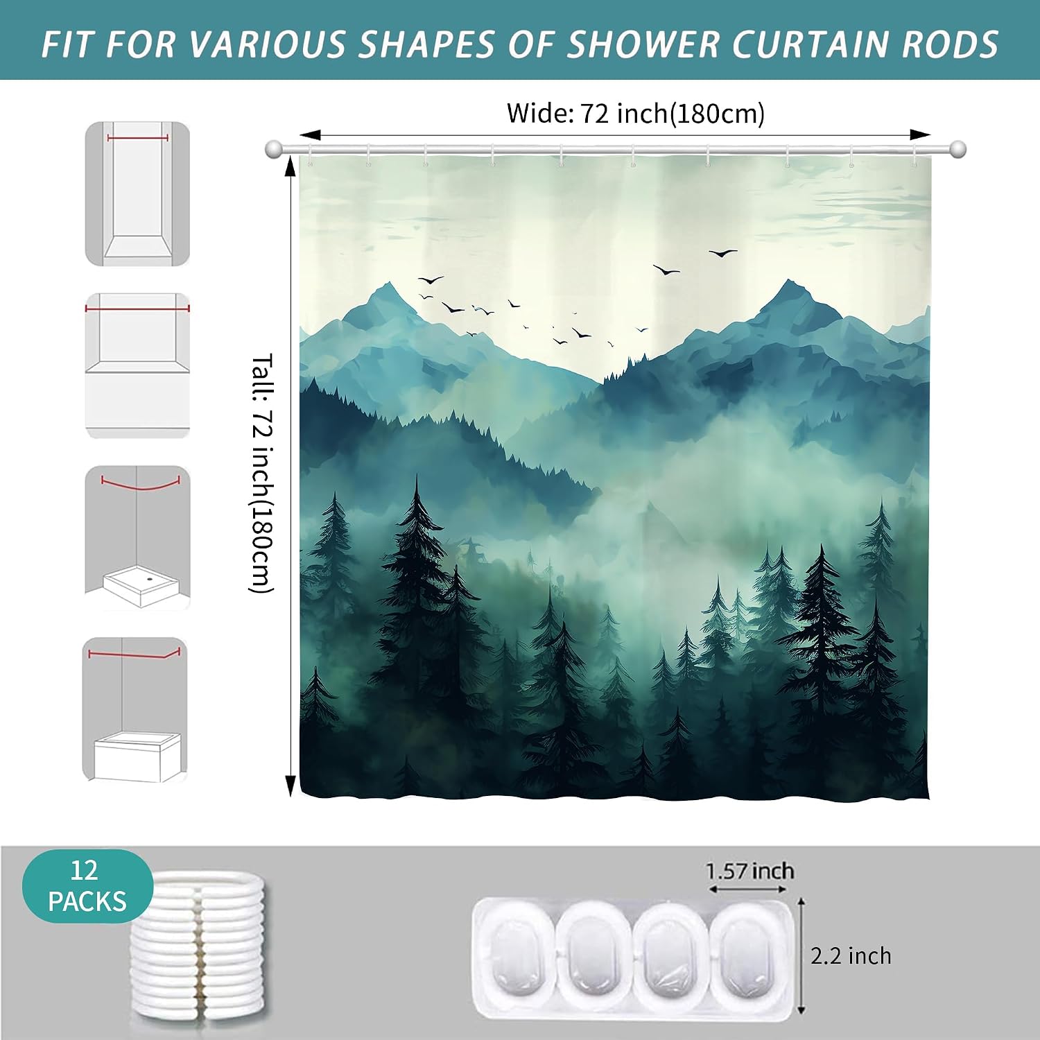 Teal Misty Foggy Forest Shower Curtain for Bathroom 72W*72H Inch Nature Tree Mountain Woodland Bathtub Decor Pine Tree Natural Country Cool Masculine Aesthetic Waterproof Polyester Fabric image 3
