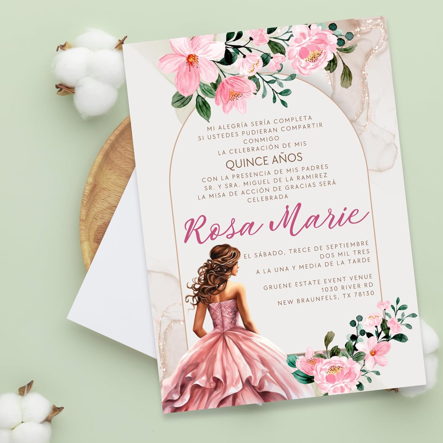 Pink Quinceanera Invitations, Spanish or English Invitation Pink Floral, Sweet 15, Sweet 16 Birthday Party Cards, Set of 15 Invitations and Envelopes in Kraft or White (5.5x4.25 Inches)