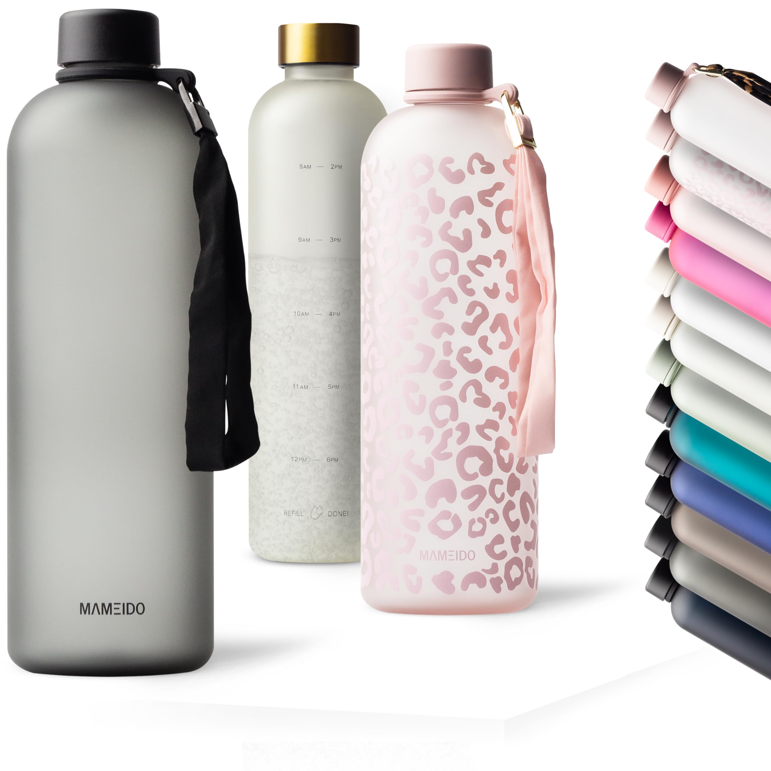 MAMEIDO Trinkflasche mit Zeitmarkierung 1,5 l Kohlensäure geeignet, auslaufsichere Water Bottle, Wasserflasche BPA frei für Sport, Gym & Büro (Carbon Grey)