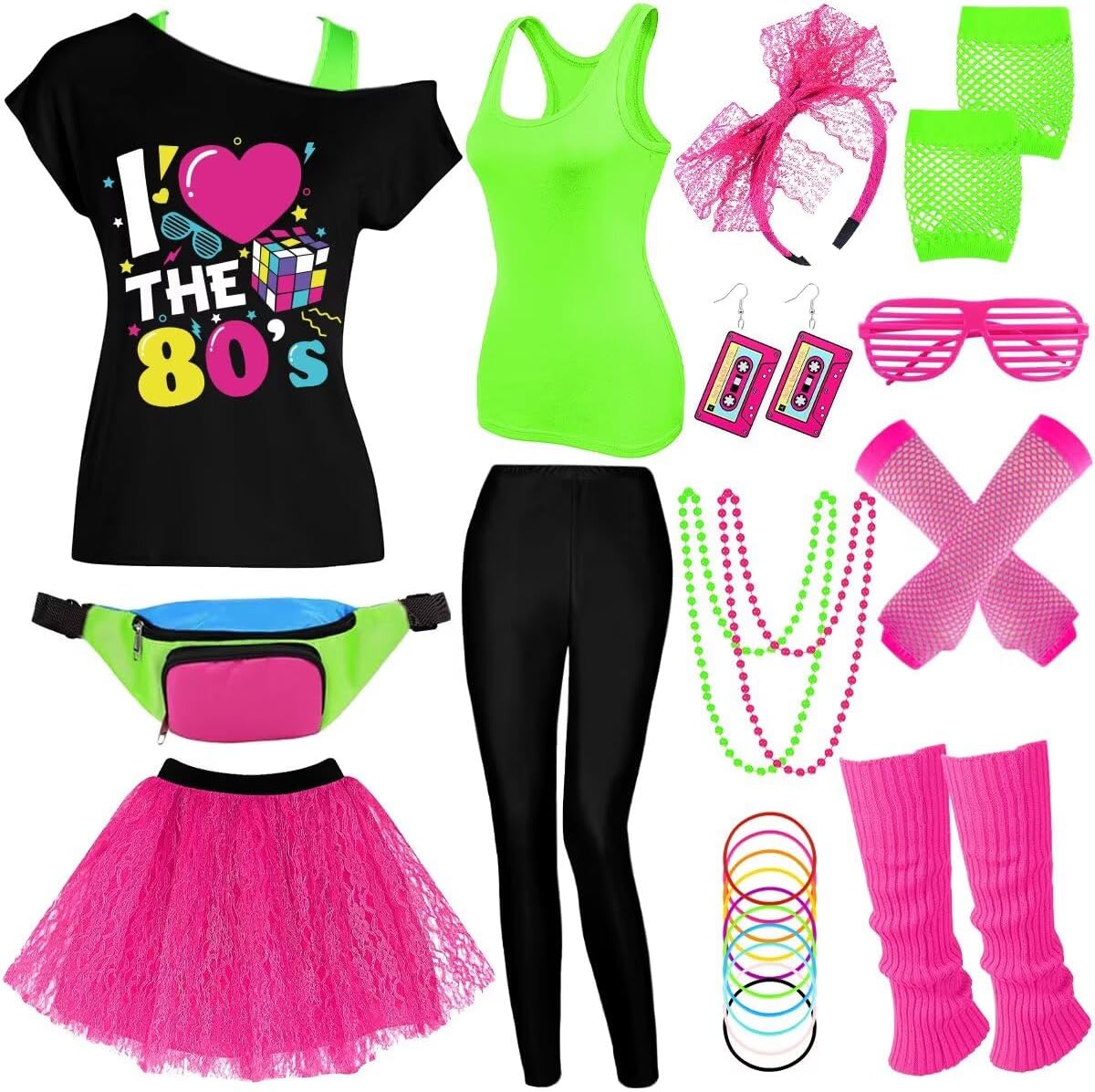 80s Outfit Women Costume Accessories Set, T-Shirt Tank Top Leggings Tutu Skirt Fanny Pack for Halloween, 80s Neon Party