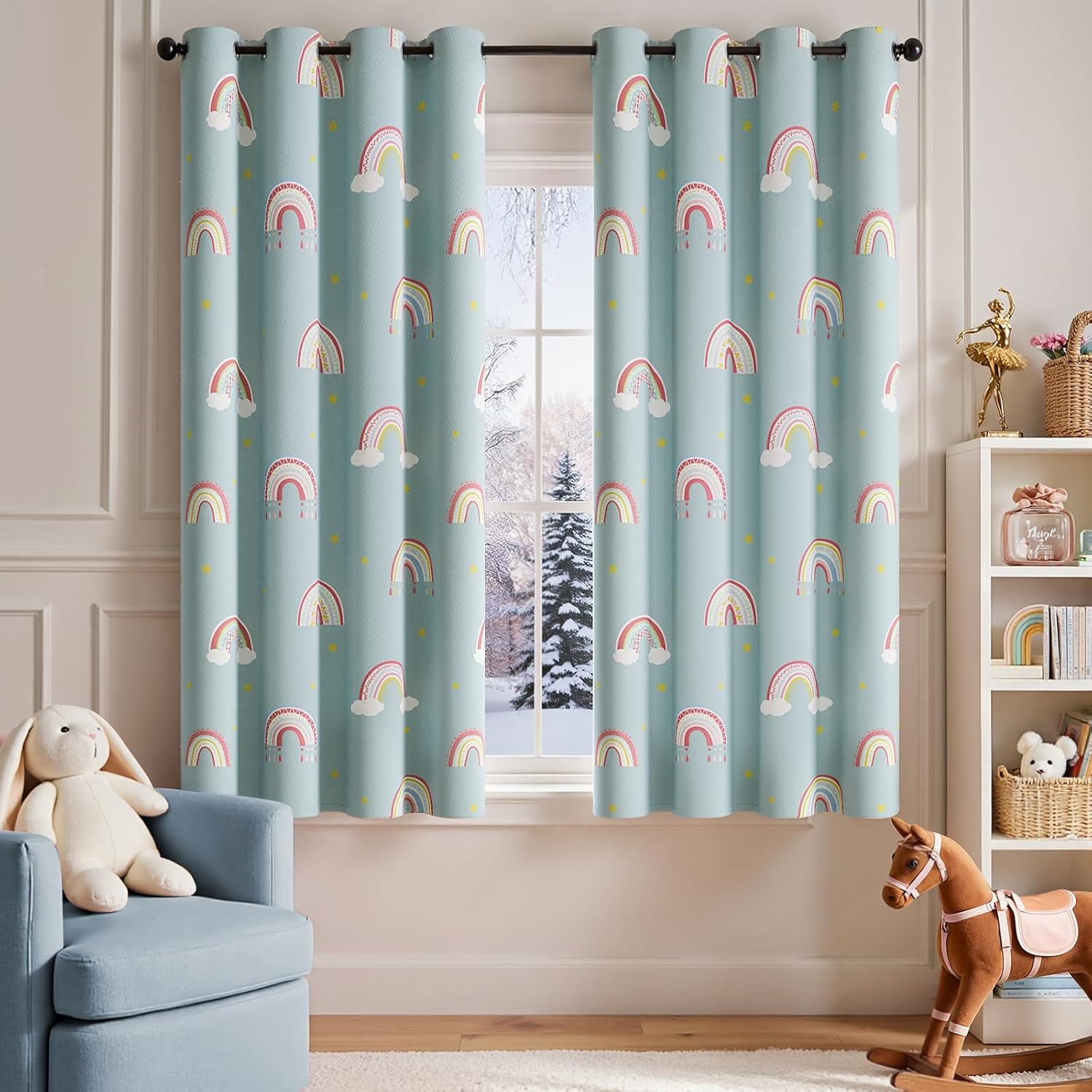 jinchan Nursery Blackout Curtains for Kids Room Rainbow Blue Curtains Cute Girls Bedroom Dorm Playroom Window Treatment Grommet Thermal Insulated Room Darkening 2 Panels 63 Inch Length