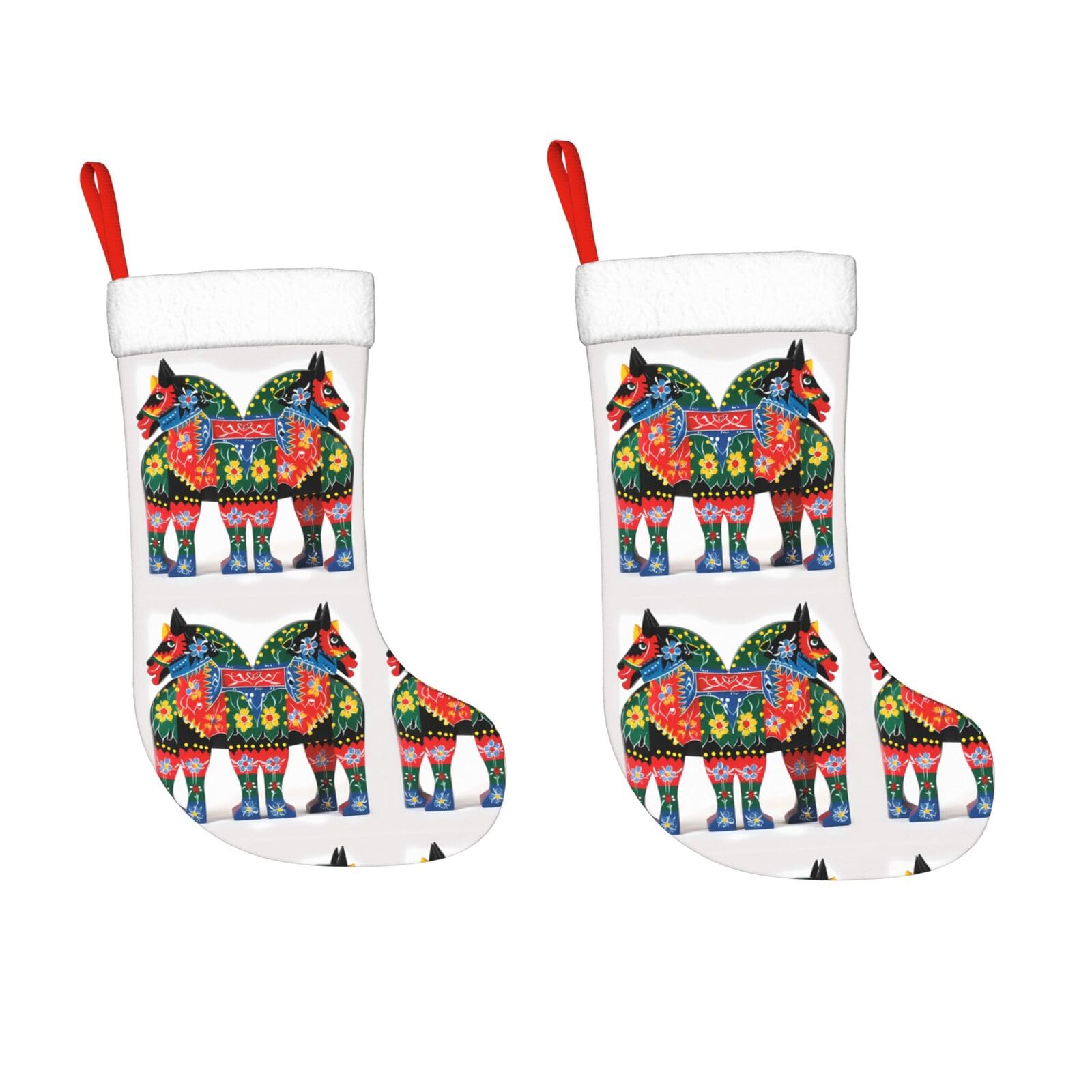 KLOPH 2 Pack 18 Inches Christmas Stockings Personalized Runner Swedish Dala Horse Folk Xmas Stocking Hanging Decoration Fireplace Stocking for Holiday Xmas Tree Christmas Fireplace Decor Gifts