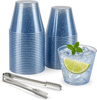 100 Blue Glitter Plastic Cups and 1 Silver Ice Tong Set - 9 Ounce Disposable Cocktail Glasses - Plastic Wine Cups - Blue Party Decorations - Wedding Party Supplies