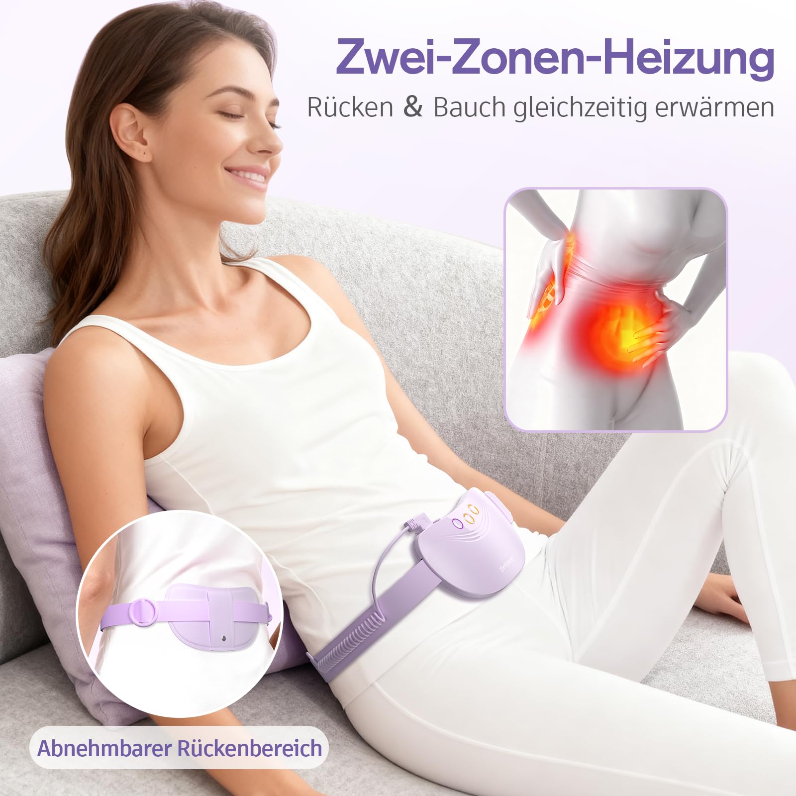 Comfytemp Wärmegürtel Periode Vibrationsmassage für Perioden Bauch und Rücken mit 5000mAh Akku, Kabellos Heizgürtel Menstruations Bauchwärmer Rückenwärmer mit Abschaltautomatik, USB-C Geschenke