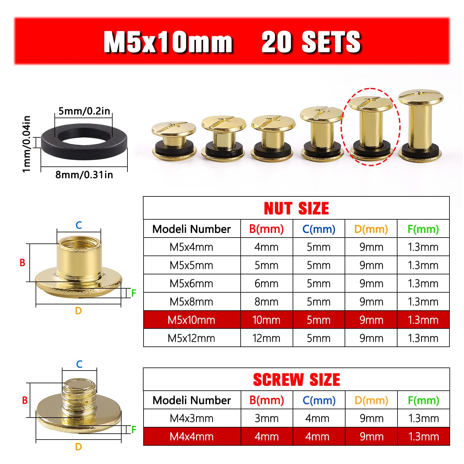 YIXISI 20 Set M5x10mm Chicago Binding Screws Kit, Book Binding Rivets, Leather Rivets, Binding Screws Posts - Image 2