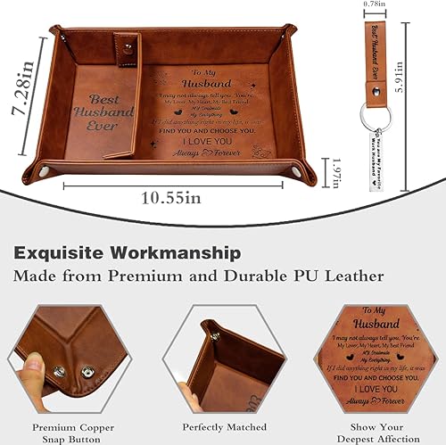 Miniatura 5 de Regalos para el mejor marido de la historia, práctico regalo para hombres, bandeja de valet de piel sintética y llavero, para marido, cumpleaños,