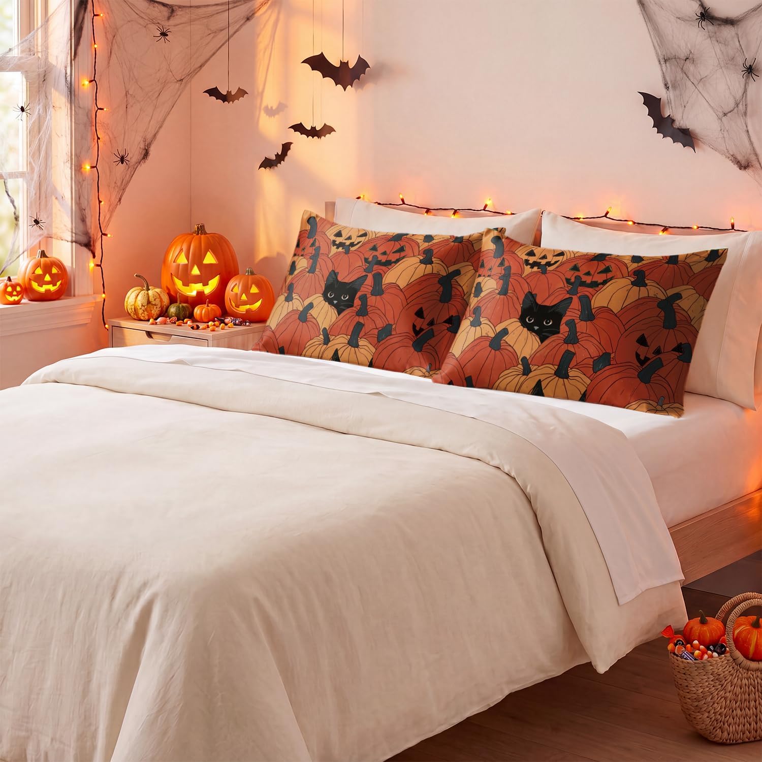 Horaldaily Halloween Pumpkin Black Cat Standard Size Satin Pillowcases 2PCS