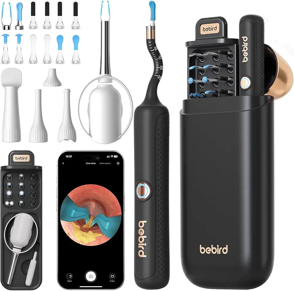 BEBIRD Earsight Plus R37R Kit de Ferramentas para Limpeza e Remoção de Cera do Ouvido, Câmera Otoscópica Flexível com Luz, Pinça sem Fio (Preto)
