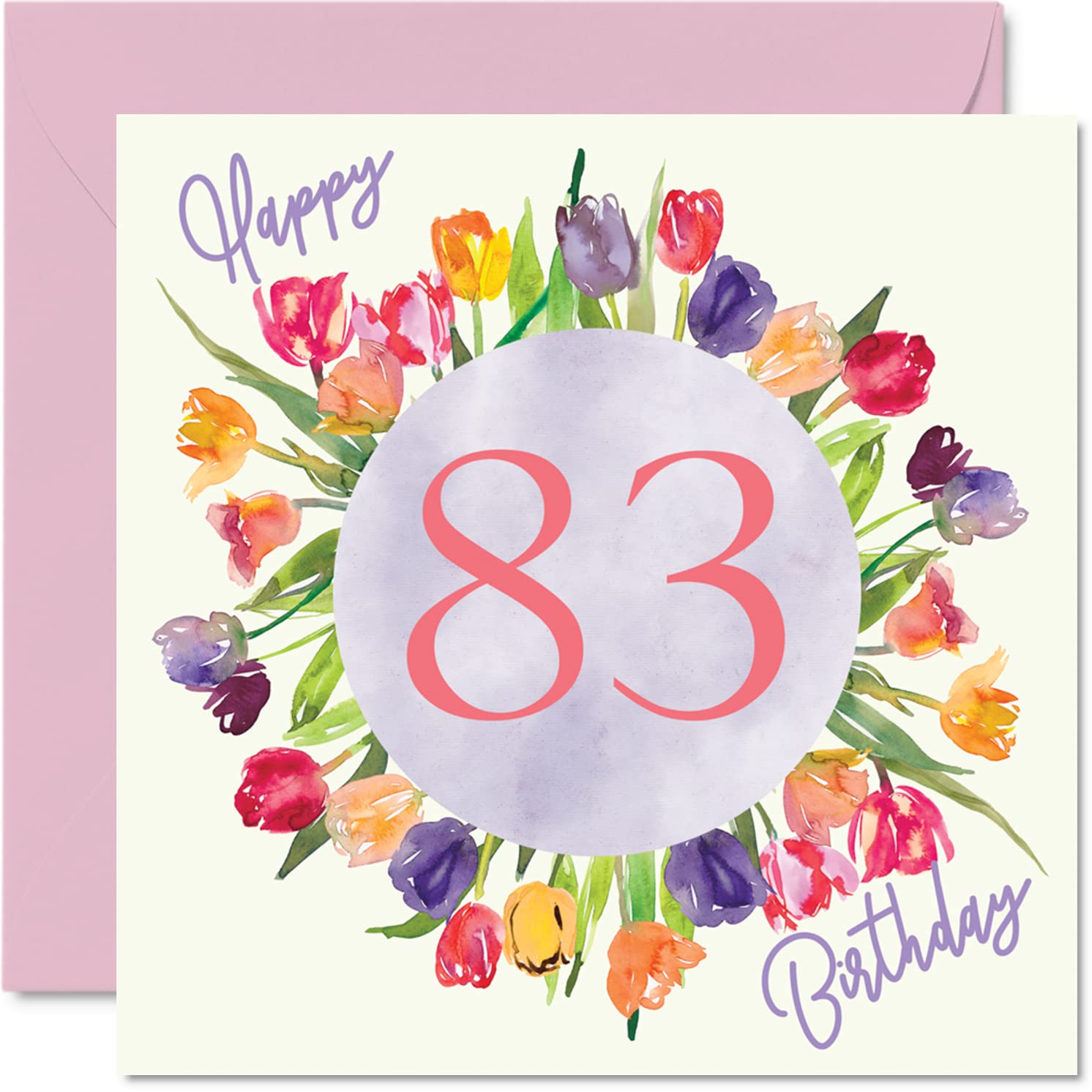 Beautiful 83rd Birthday Cards for Women, Watercolour Tulips Flowers Bouquet