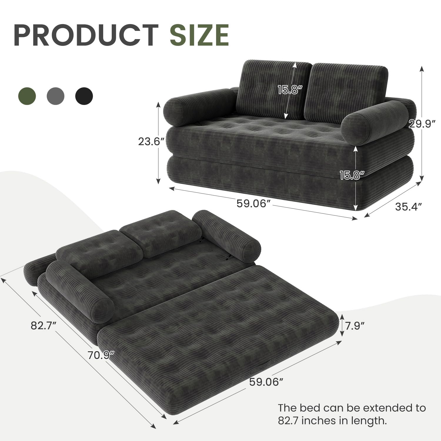 59" Convertible Sofa Bed, 5-in-1 Folding Sleeper Chair - Grey, Full | Loveseat Fold Out Boneless Couch Futon Floor Mattress Lounge with Pillows Removable Armrests for Dorm Apartment Living Room