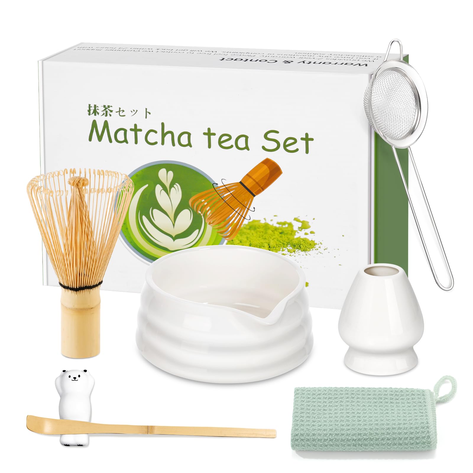 Mwellewm 7 Pcs Matcha Whisk Set Macha Kit with Chawan Spout Bowl Bamboo Brush Chasen Holder Powder Starter Sifter Ceramic Japanese Making Matcha Tea Tool with Spoon and Tea Towel for Ceremony Gift