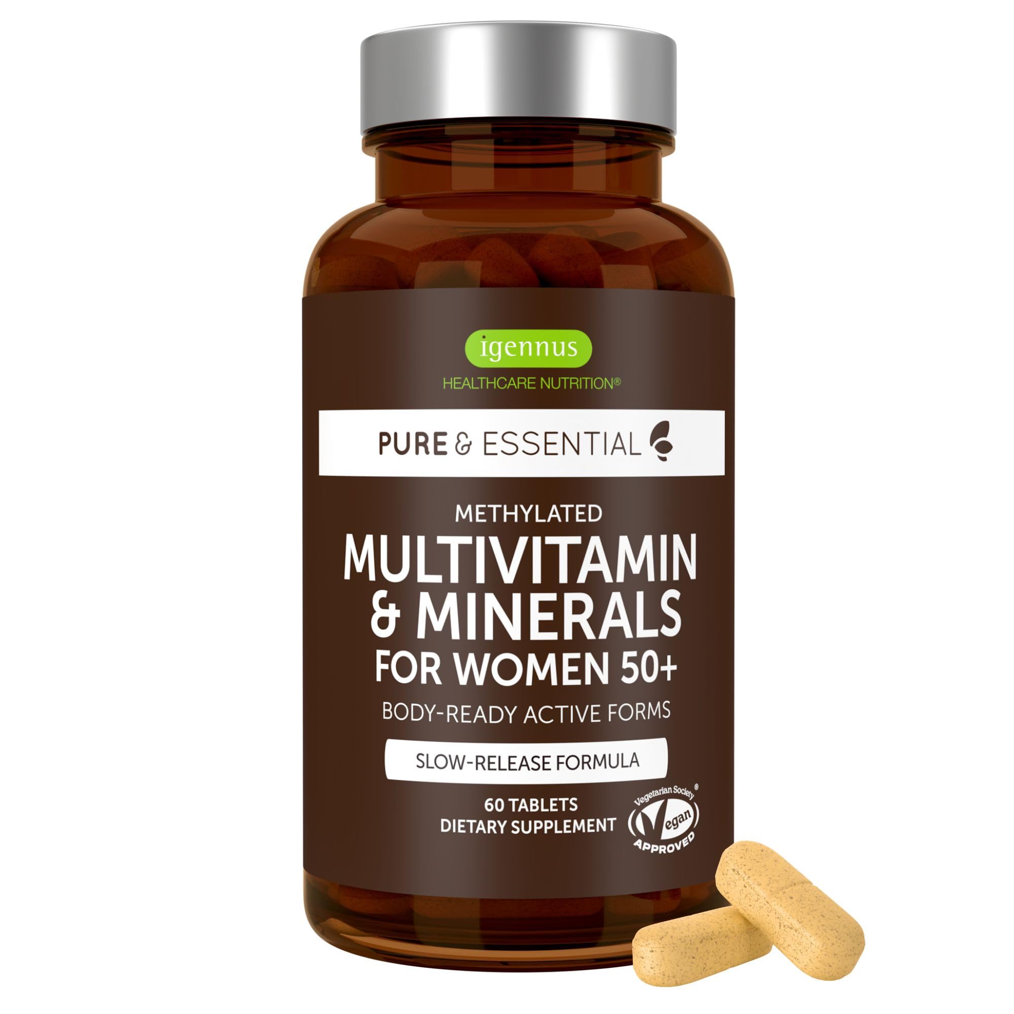 Igennus Methylated Multivitamin for Women 50+ with Calcium & Magnesium | Bone Support, Sustained Release & Active B-Vitamins, Iron-Free Formula, Antioxidant Support, Clean Label, 60 Tablets