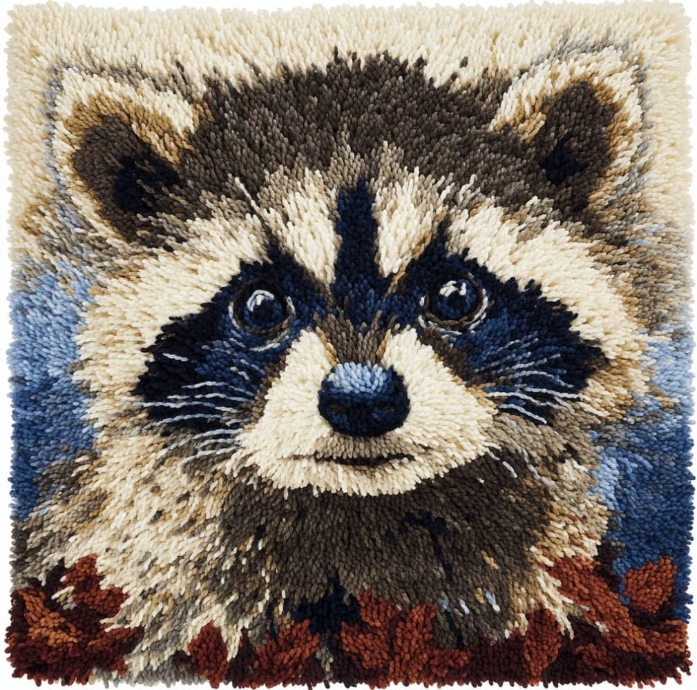 Henypt Latch Hook Craft Cushion Kit 43x43cm,Cute Raccoon Pillow Cover Needlework for Bedroom Lounge,Easy to Make Starter Set for All Ages