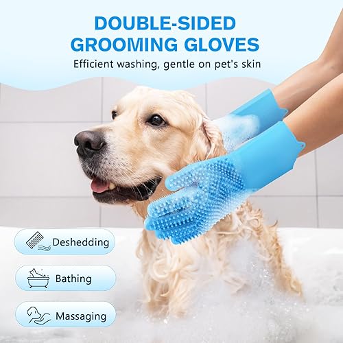 Miniatura 2 de Pecute Cepillo de baño de doble cara para perros, guantes de silicona para lavar perros, cepillo de champú para perros con dientes de alta densidad,