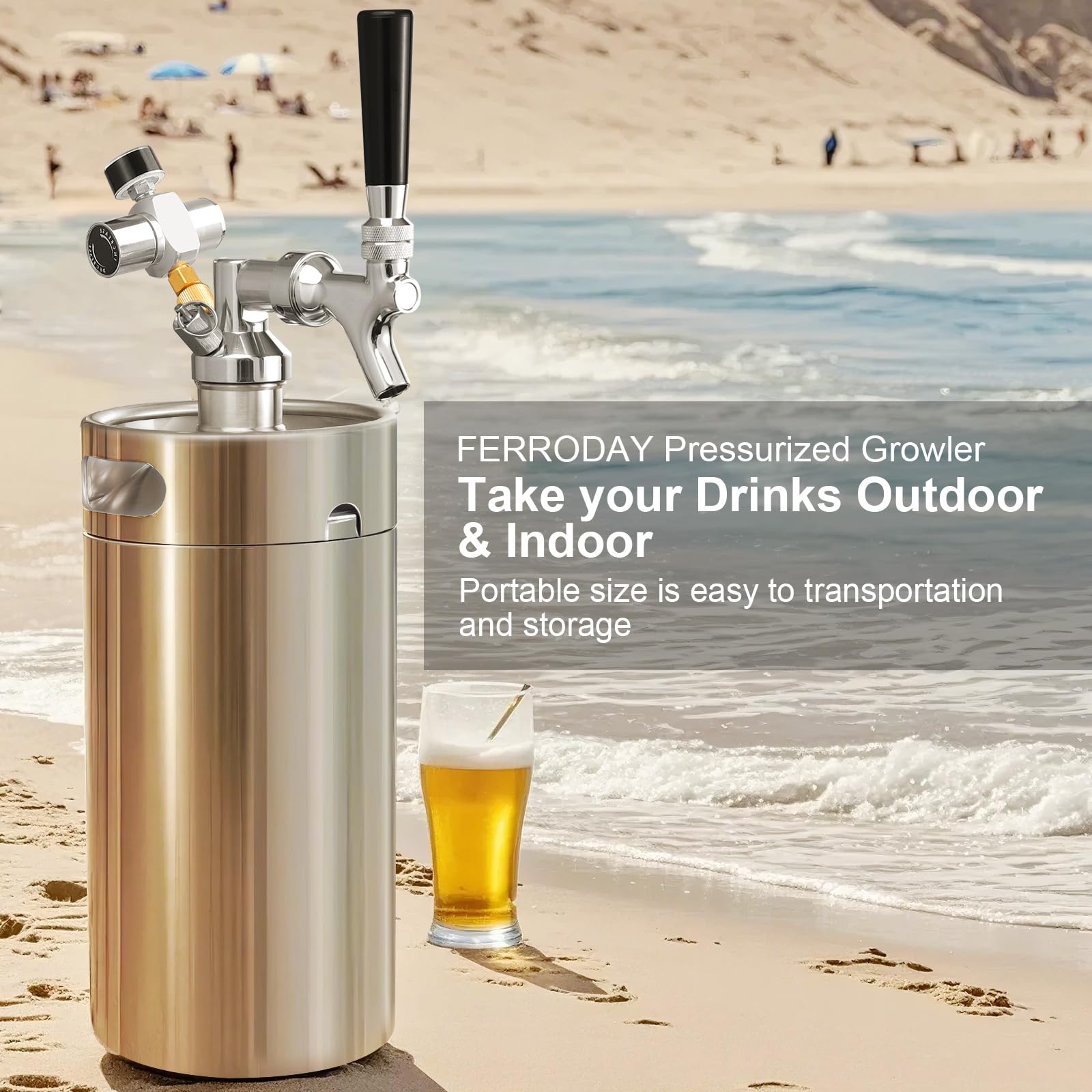 Mini barril Growler de 3,628.7 g, dispensador de cerveza de barril presurizado para cerveza, mini barril, plateado