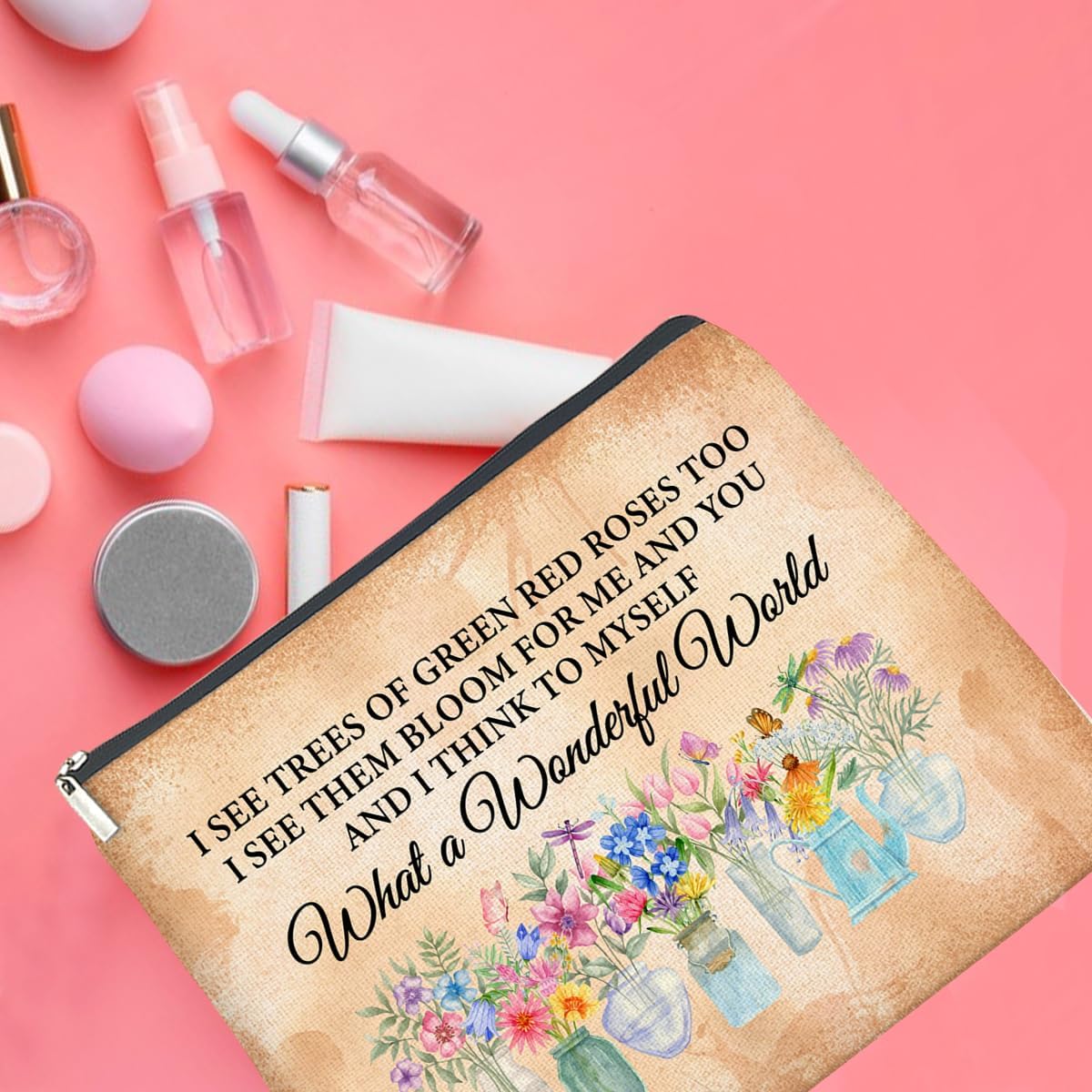 Floral Makeup Bag Gifts for Women What a Wonderful World Floral Butterfly Cosmetic Bag Zipper Makeup Pouch - Image 5