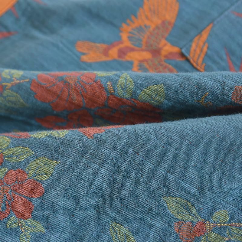 Cotton Double Gauze Traditional Hanfu Midi-length Nightdress Printing Tie-belt Bathrobe Loose Pajamas Comfortable Nightgown Sweat Steaming Yukata Sauna Suit Sleepwear Kimono for Women Large(Blue Bird) - Image 6