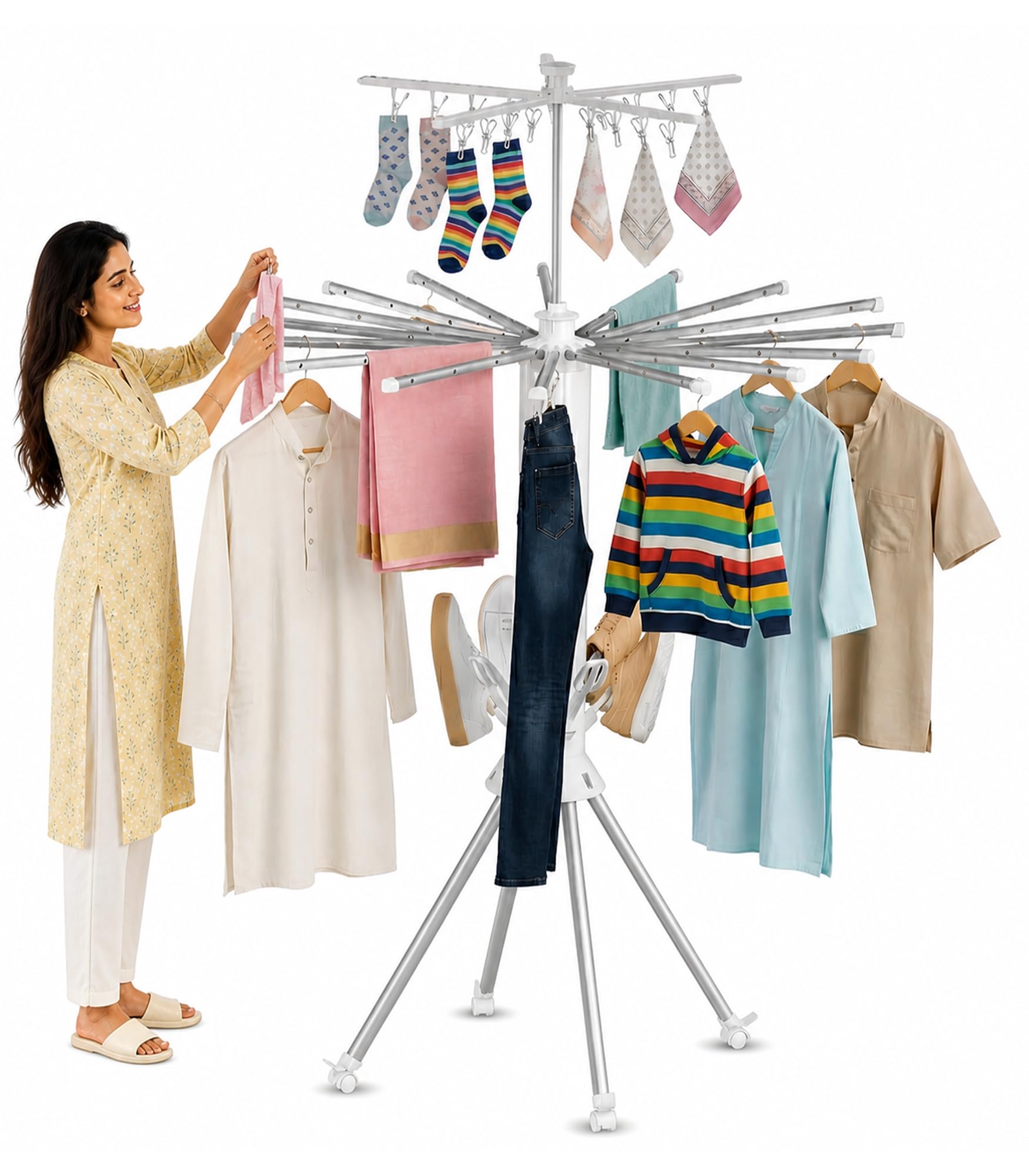 URBAN KRAFT Octopus Foldable Rotating Cloth Drying Rack, 360° Multi-Layer Laundry Stand with Lockable Wheels, 4 Pulleys 20 Clips 6 Shoe Dryers Rods for Indoor/Outdoor Camping Poolside Space Saving-picture-18