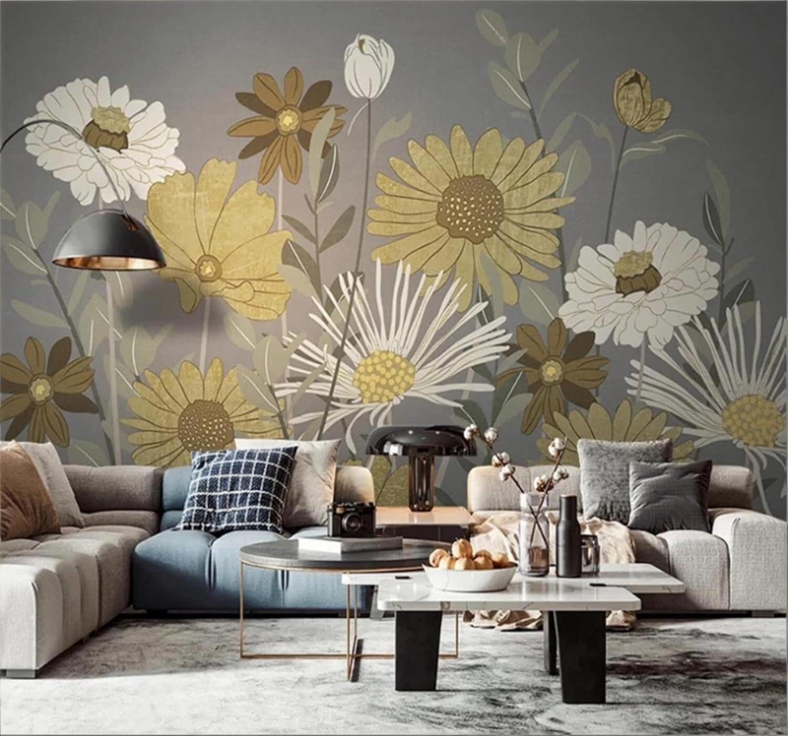XLMING Minimalist Plants Flowers Warm Grey Background 3D Wallpaper Luxury Silk Study Dining Feature Sofa Grey Bedroom Living Room Tv Decorative Wall-250cm×170cm