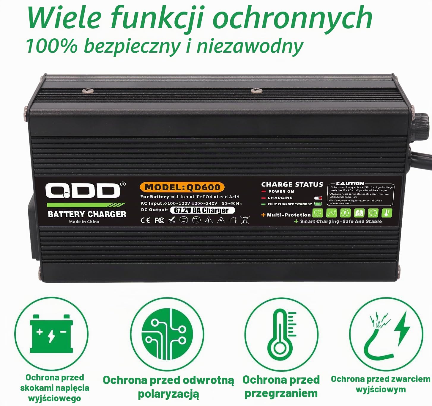 QDD Inteligentna ładowarka litowo-jonowa 67,2 V, 8 A, w komplecie z wentylatorem, do akumulatorów litowo-jonowych 16S 60 V, ładowarka 60 V