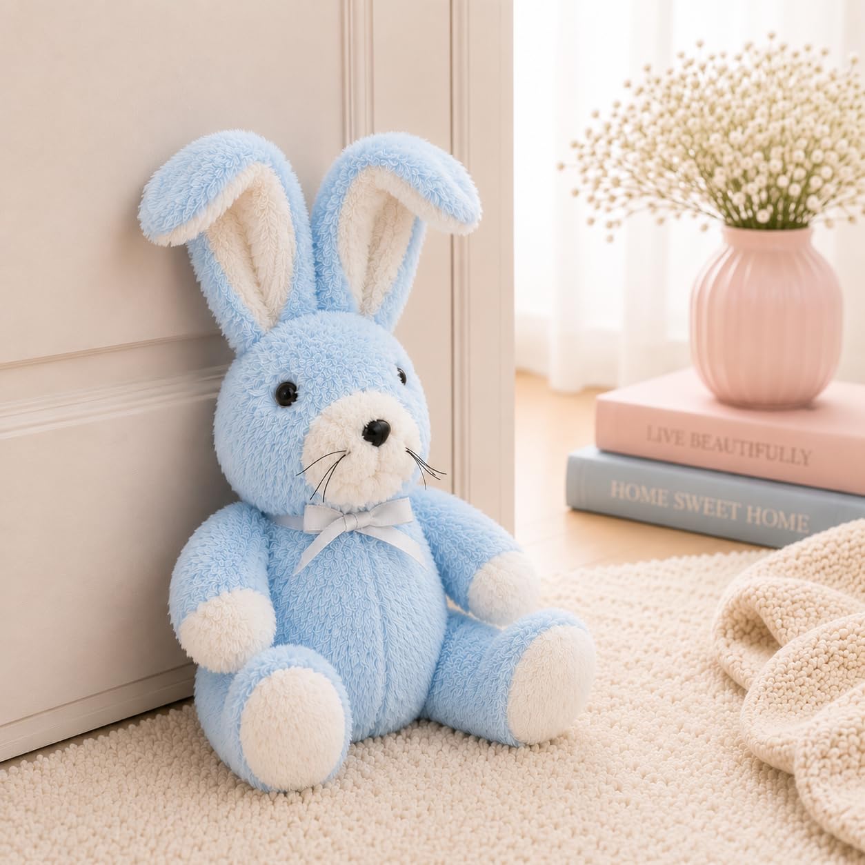 The Little Storage Company Blue Cute Pastel Pink Or Rabbit Door Stopper Decorative Door Stops For Home And Office, Rabbit Weighted Interior Doorstop Fabric Stuffed Animal Door Stopper Decor (Blue)