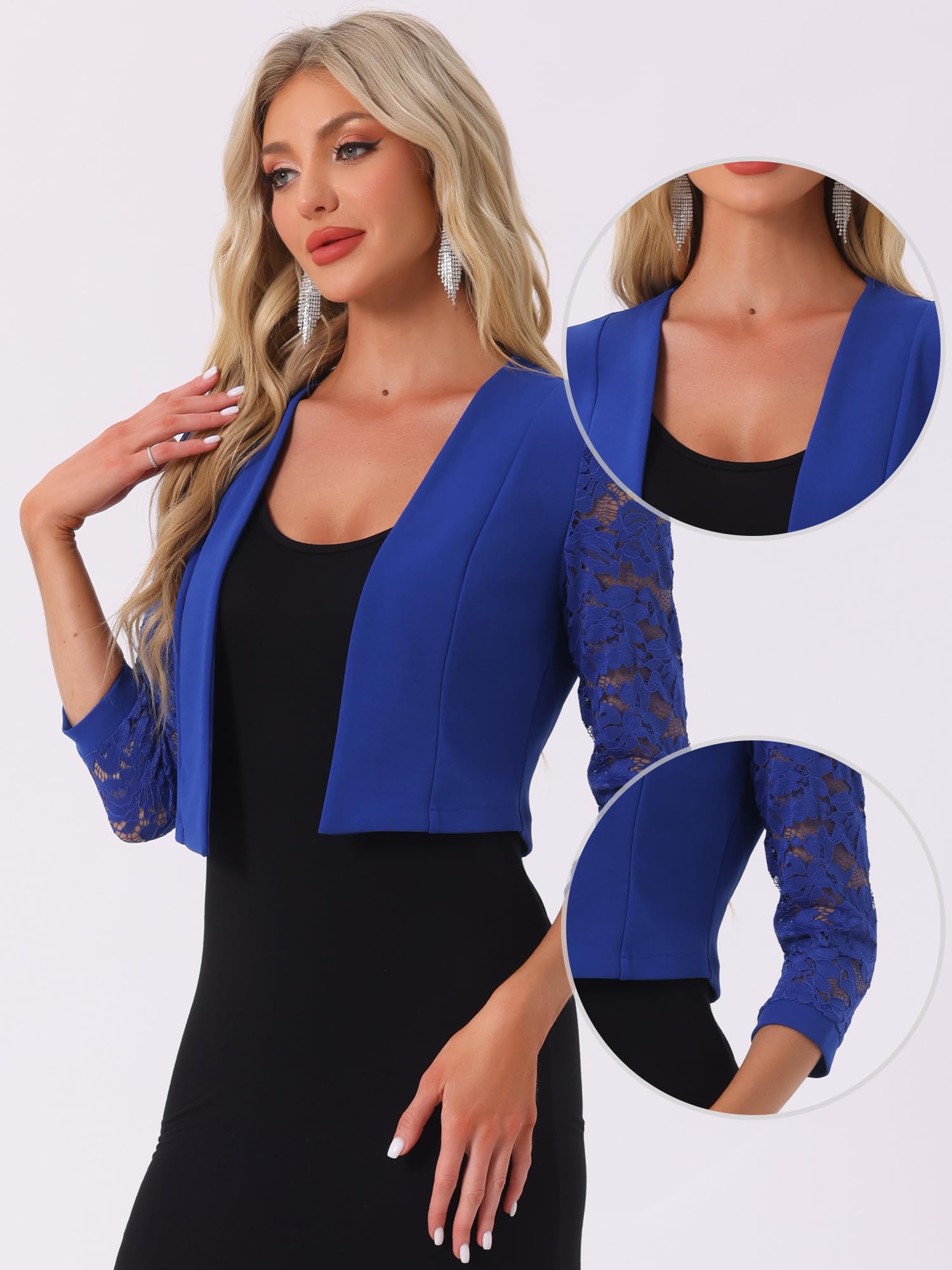 Allegra K Lace Shrug Top for Women's Open Front Work Office 3/4 Sleeve Floral Cropped Bolero Cardigan