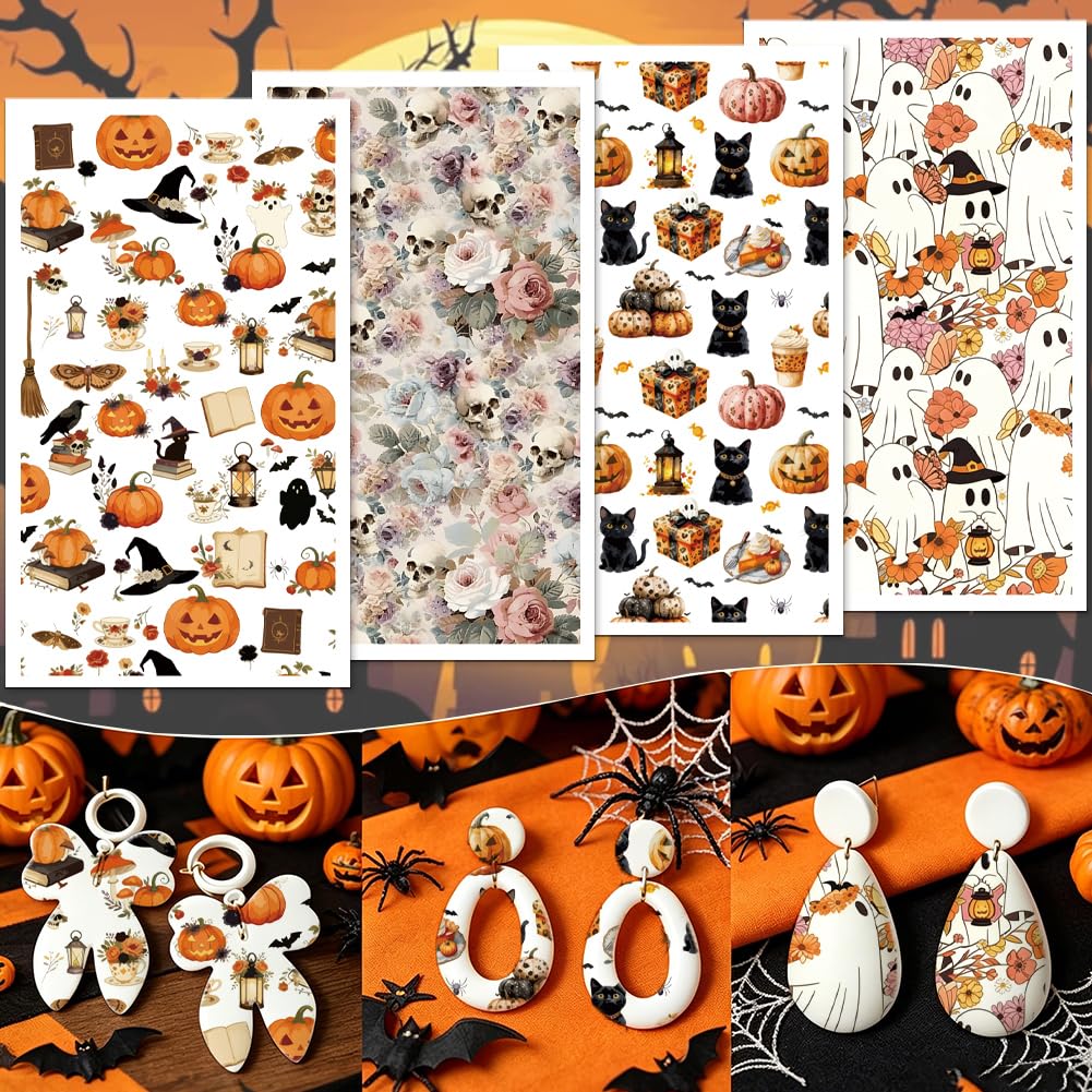 PRESSINART 20 Sheets 4 Styles Halloween Theme Transfer Paper for Clay Earrings, Polymer Clay Design Sheets Pumpkin Ghost Skull Transfer Paper for Jewelry Making Pottery Ceramic Art 4.72 x 2.76 Inch