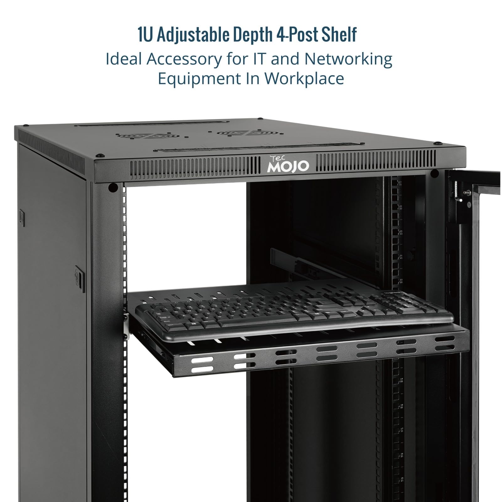 Tecmojo Étagère Coulissante 19 Pouces 1U, 550mm avec Tablette Coulissante, pour Montage Fixe, Profondeur Réglable de 550 à 900mm, avec Butées Antidérapantes, Capacité de Charge de 50kg, Noir