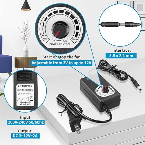 Miniatura 5 de Wathai Ventilador alimentado por CA de 4.724in, 5.512in, 5 pulgadas, 12 V con controlador de velocidad variable de 110 V - 240 V, enchufe de CA para
