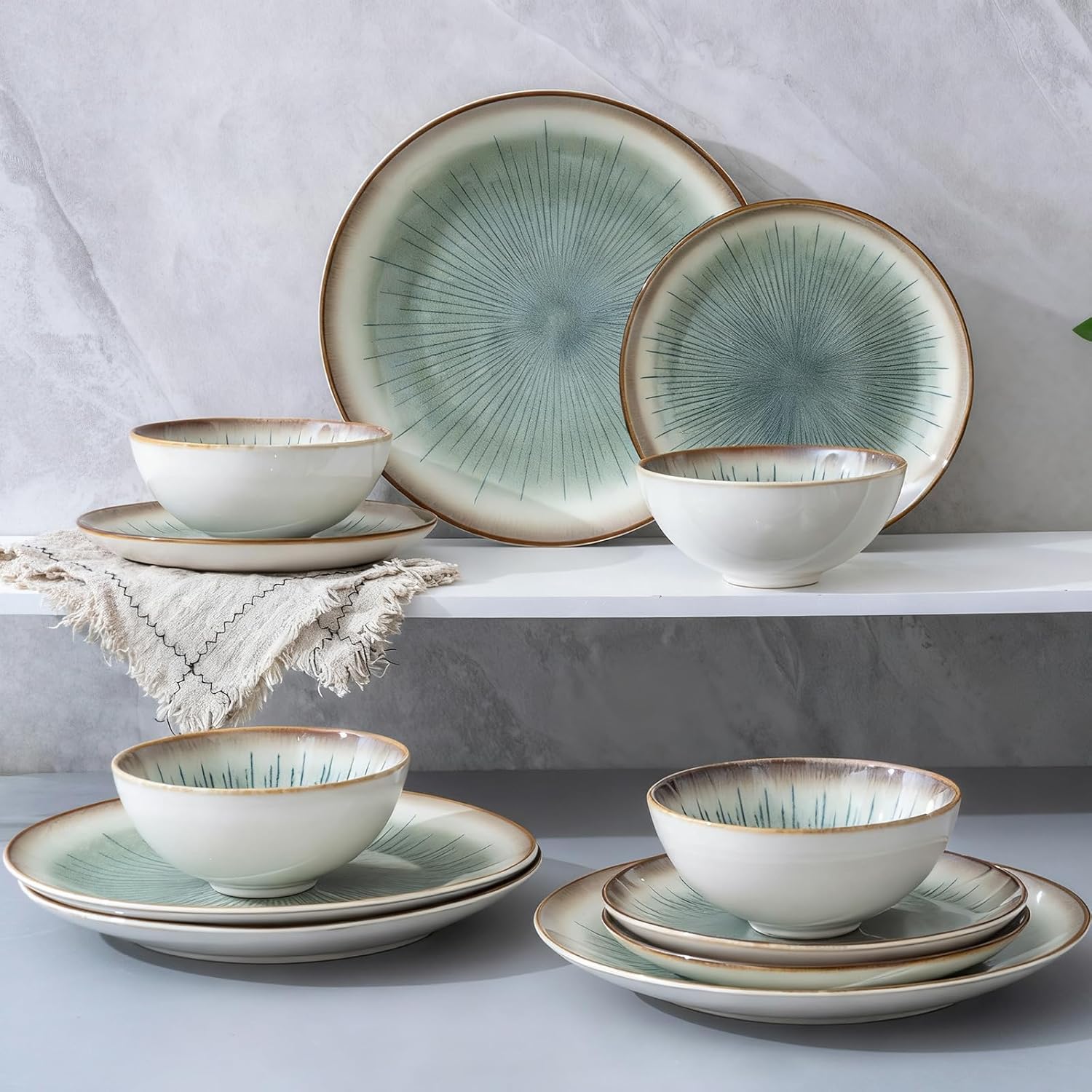 Dinnerware Set Green 12 Pieces Service for 4, Stoneware Plates and Bowls Set Stoneware Set, Dishwasher Microwave Safe Dishes set