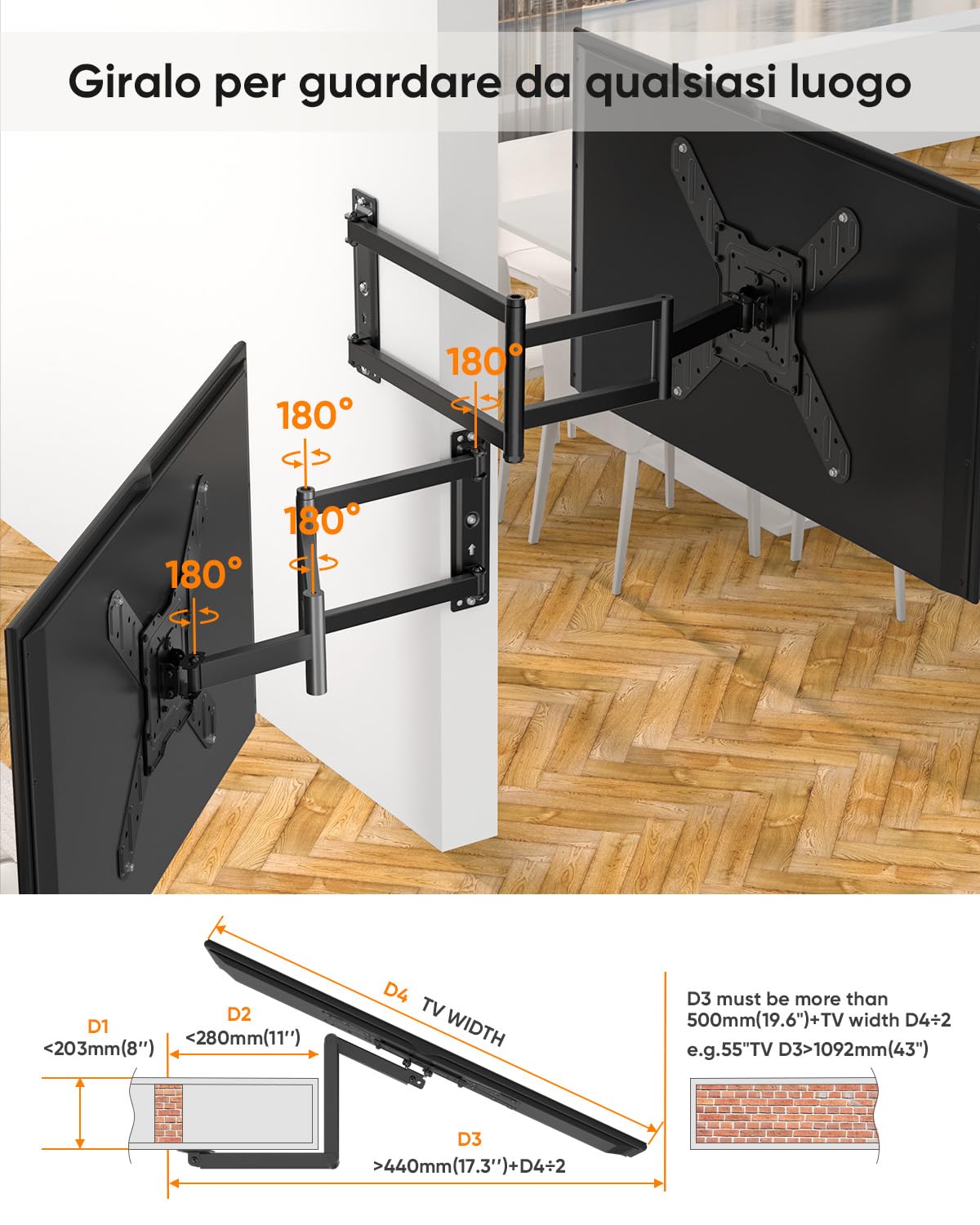 FORGING MOUNT Supporto TV Parete con Braccio Extra Lungo 840mm per 26-65 Pollici fino a 40KG, con 3 bracci pieghevoli, Staffa TV Girevole Inclinabile Orientabile, Max VESA 400x400mm