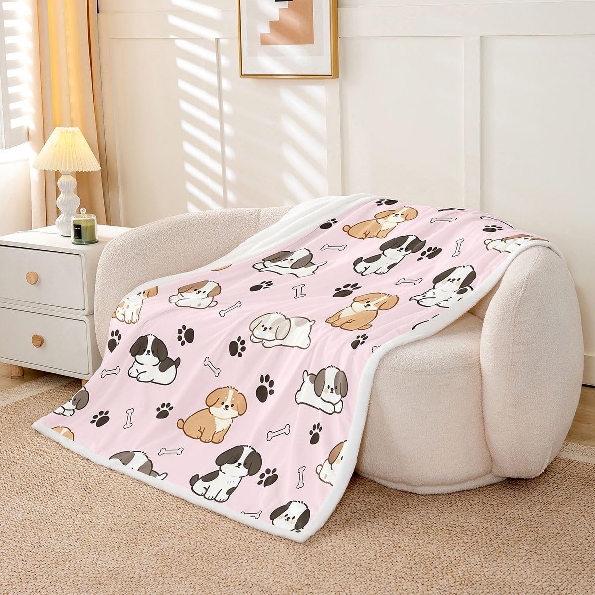 Castle Fairy Pink Pastel Puppy Sherpa Throw Blanket Cute Dog Lover Bed Sofa Couch Partner Cartoon Pet Paw Print Living Room Decor Lightweight Fleece Blanket Lightweight Plush Blankets 40"x50" Paw Pink image 5