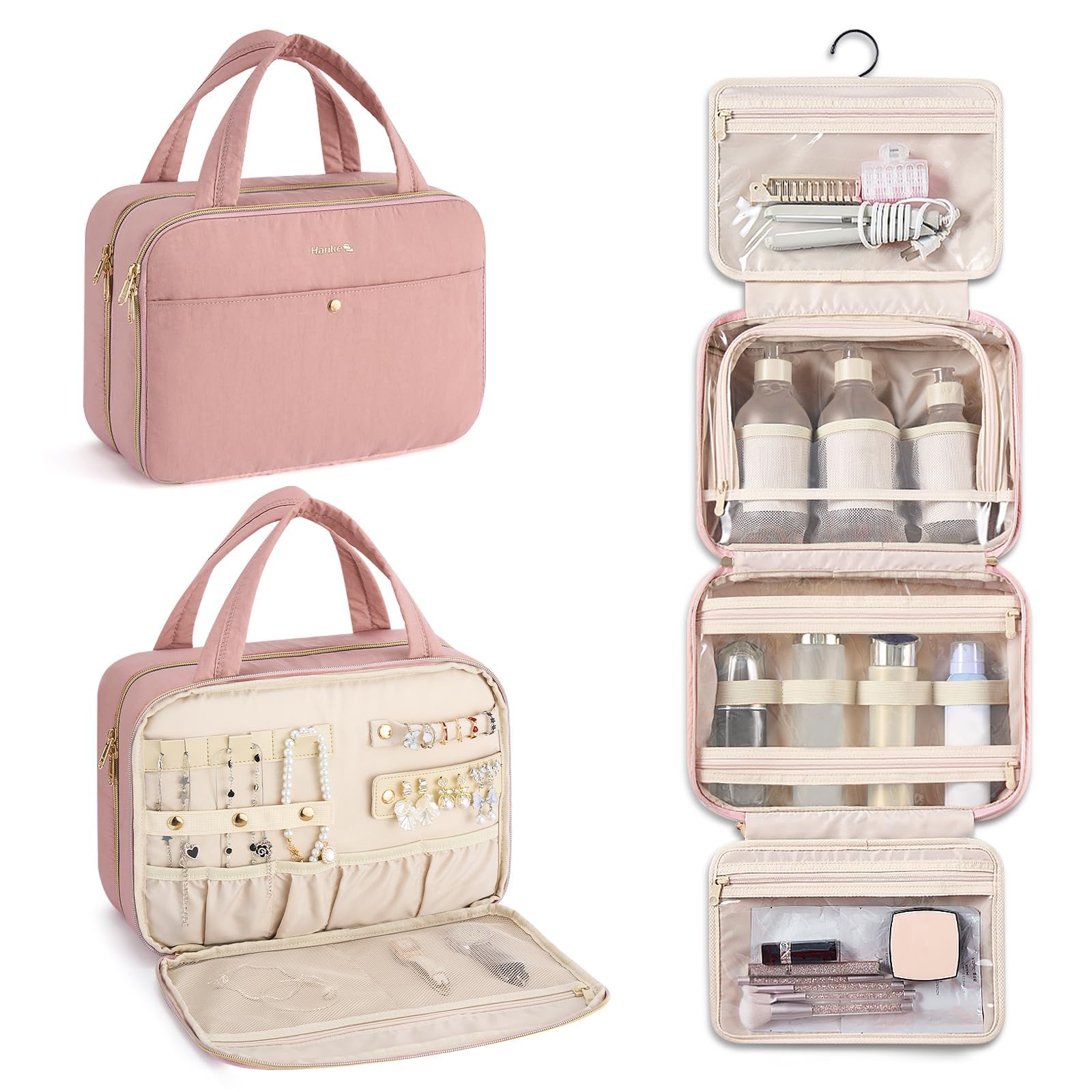 Hanke Hanging Travel Toiletry Bag for Women with Jewelry Organizer Compartment, Travel Essentials Toiletries and Makeup Bag, Water-Resistant &