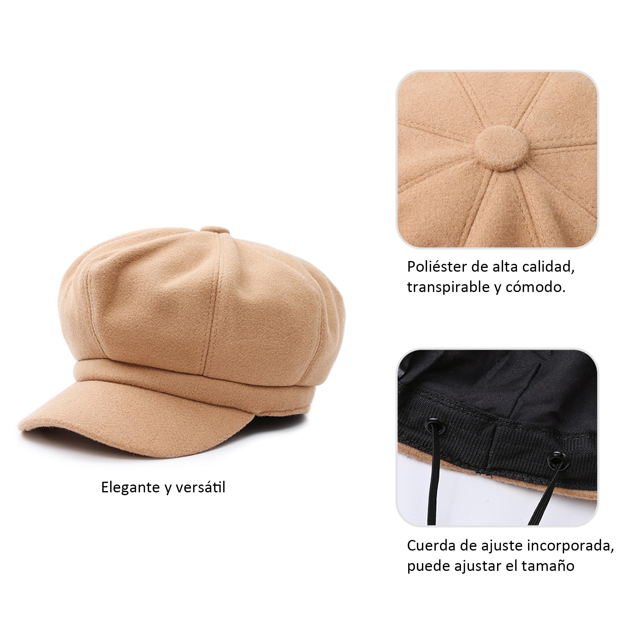 Elegante Mujer Gorra Boina Primavera Otoño Invierno Viajar Vacaciones Compras Ocio Beret Gorra de Boina Ajustable 54-60CM Cómodo Mujer Sombrero Octogonal