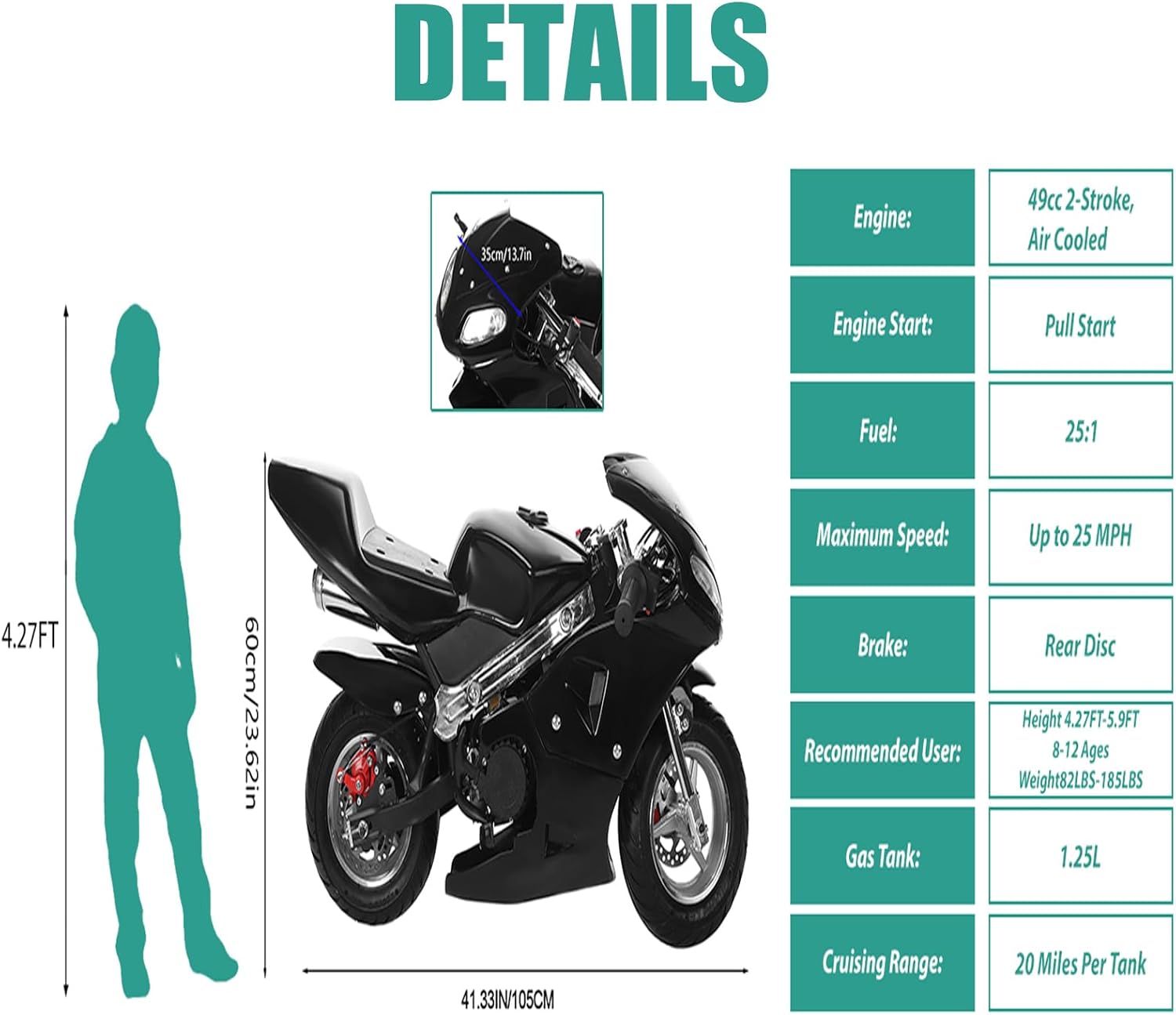 Mini Bike for Kids, 49CC 2-Stroke Kids Dirt Bike, Motorcycle Gas Pocket Pit Trail Mini Bike, Up to 18MPH, Weight Support 170 LBS, 21inch