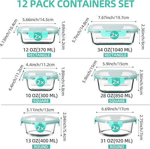 Miniatura 3 de C CREST Paquete de 12 recipientes herméticos de vidrio para almacenamiento de alimentos frescos y sabrosos, varios tamaños para un almacenamiento