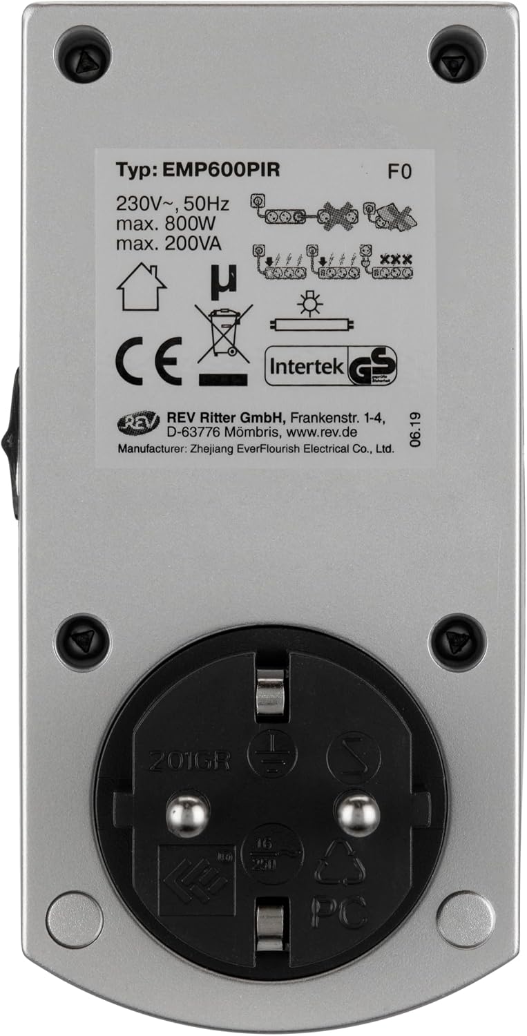 Back view of the REV GAO EMP600PIR motion sensor showing the product label with technical specifications and certifications.