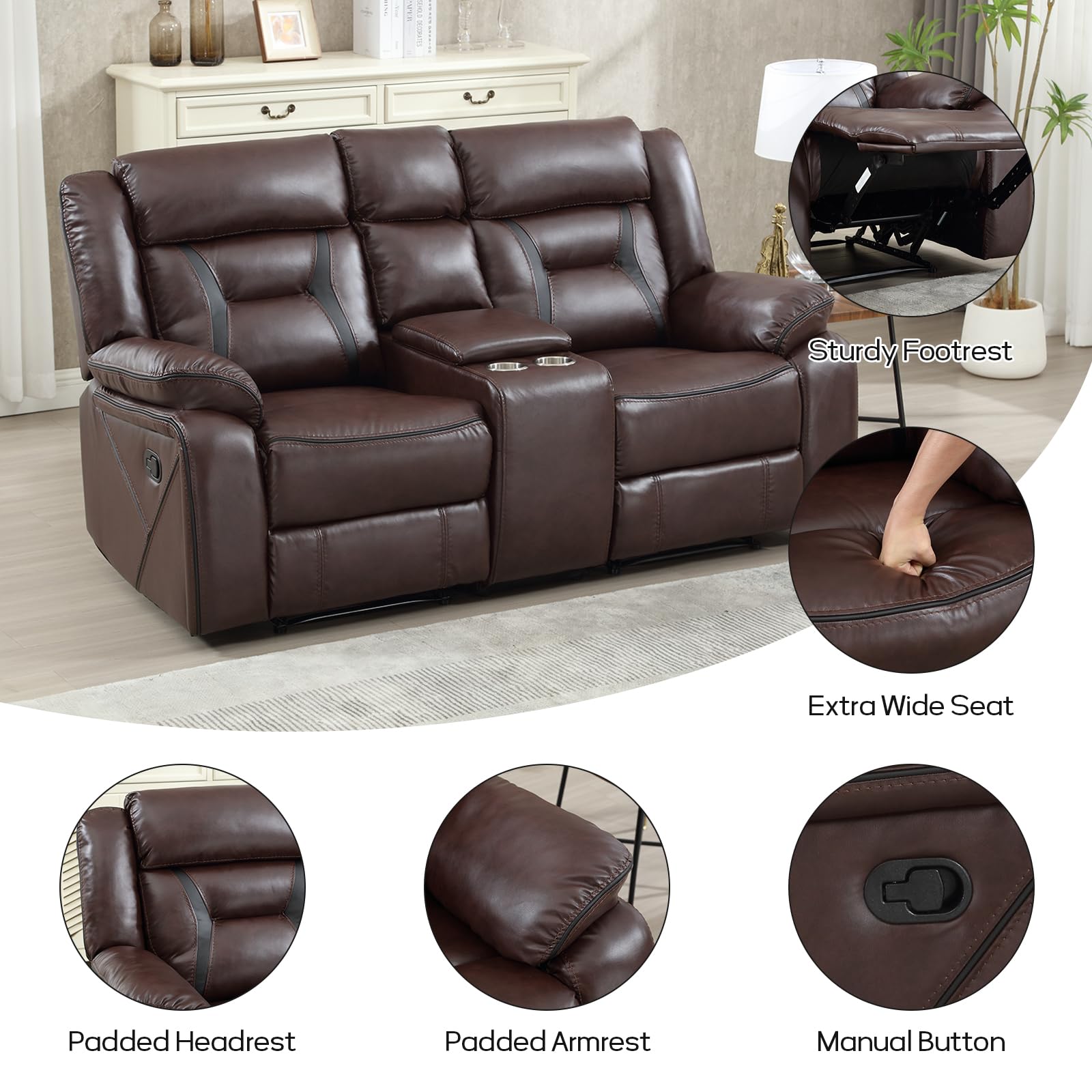 EBELLO Manual Recliner Sofa Set, Faux Leather Reclining Living Room Furniture Set, Included Single Recliner Chair and Manual Loveseat Sofa, Dark Brown view 3