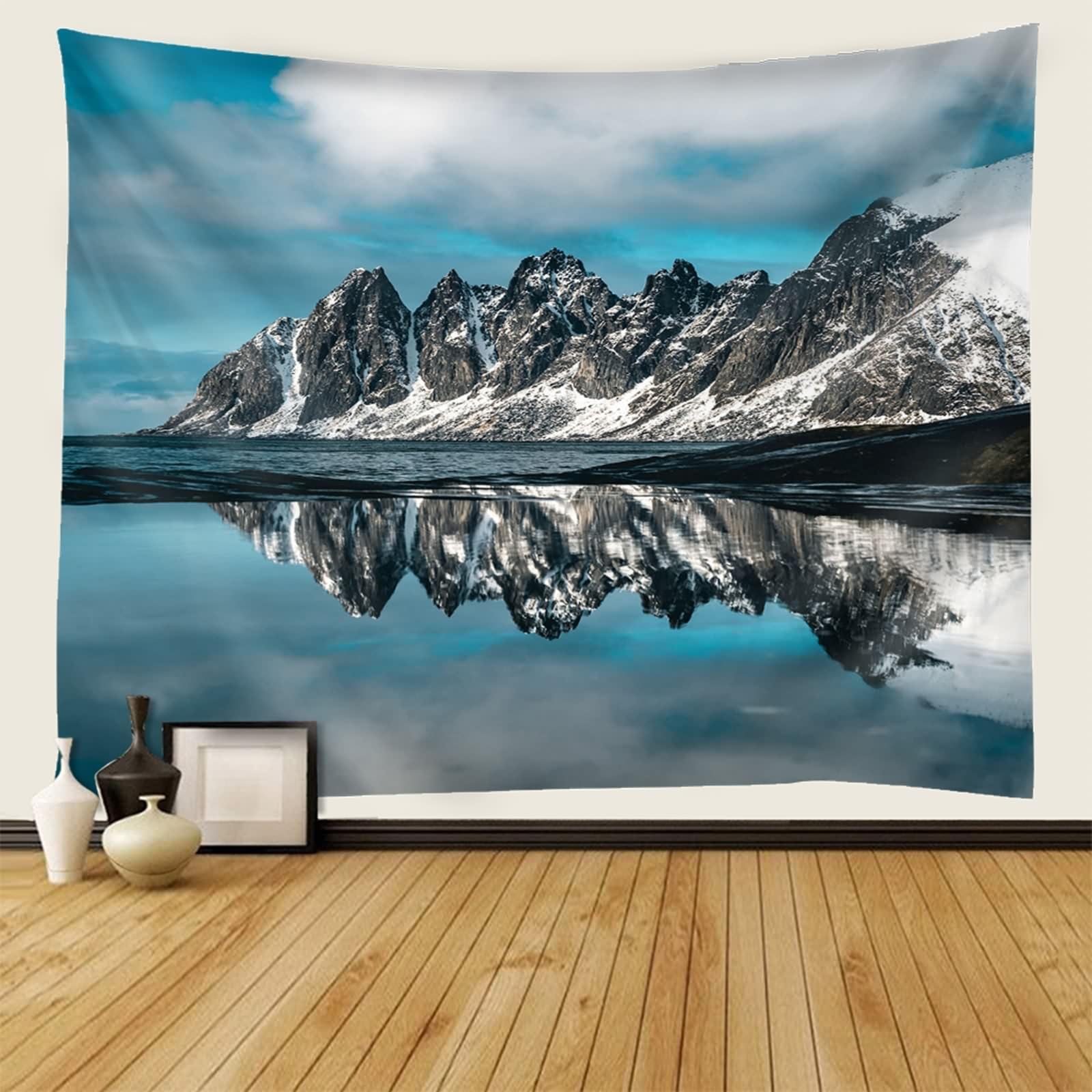 Tapiz de pared gris, azul y verde, poliéster para colgar en la pared, diseño natural de mar y montaña, para salón, dormitorio, decoración de pared, 260 x 240 cm
